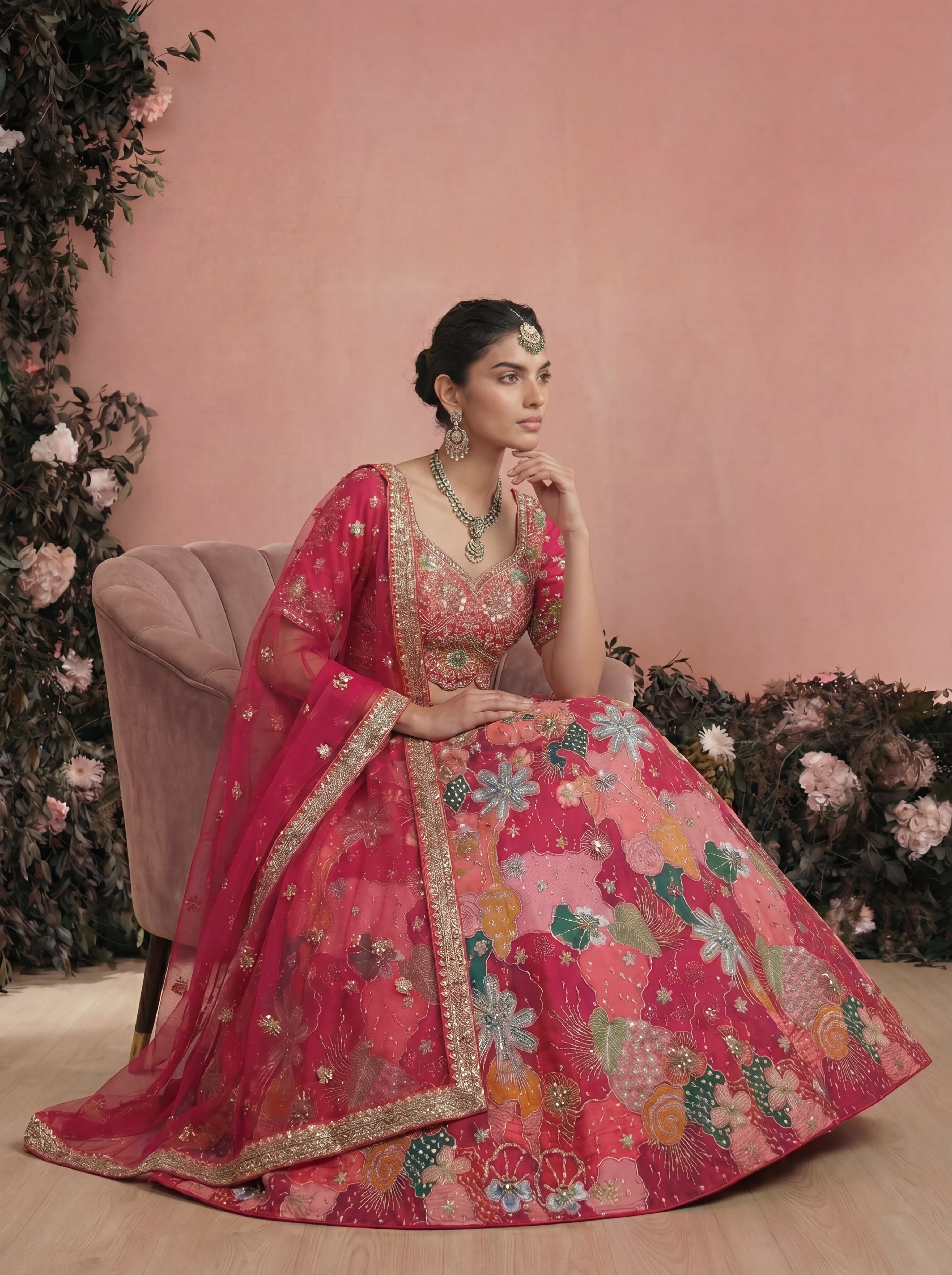 Fuchsia Pink Viscose Sequins Mirror Bridal Lehenga Choli Set