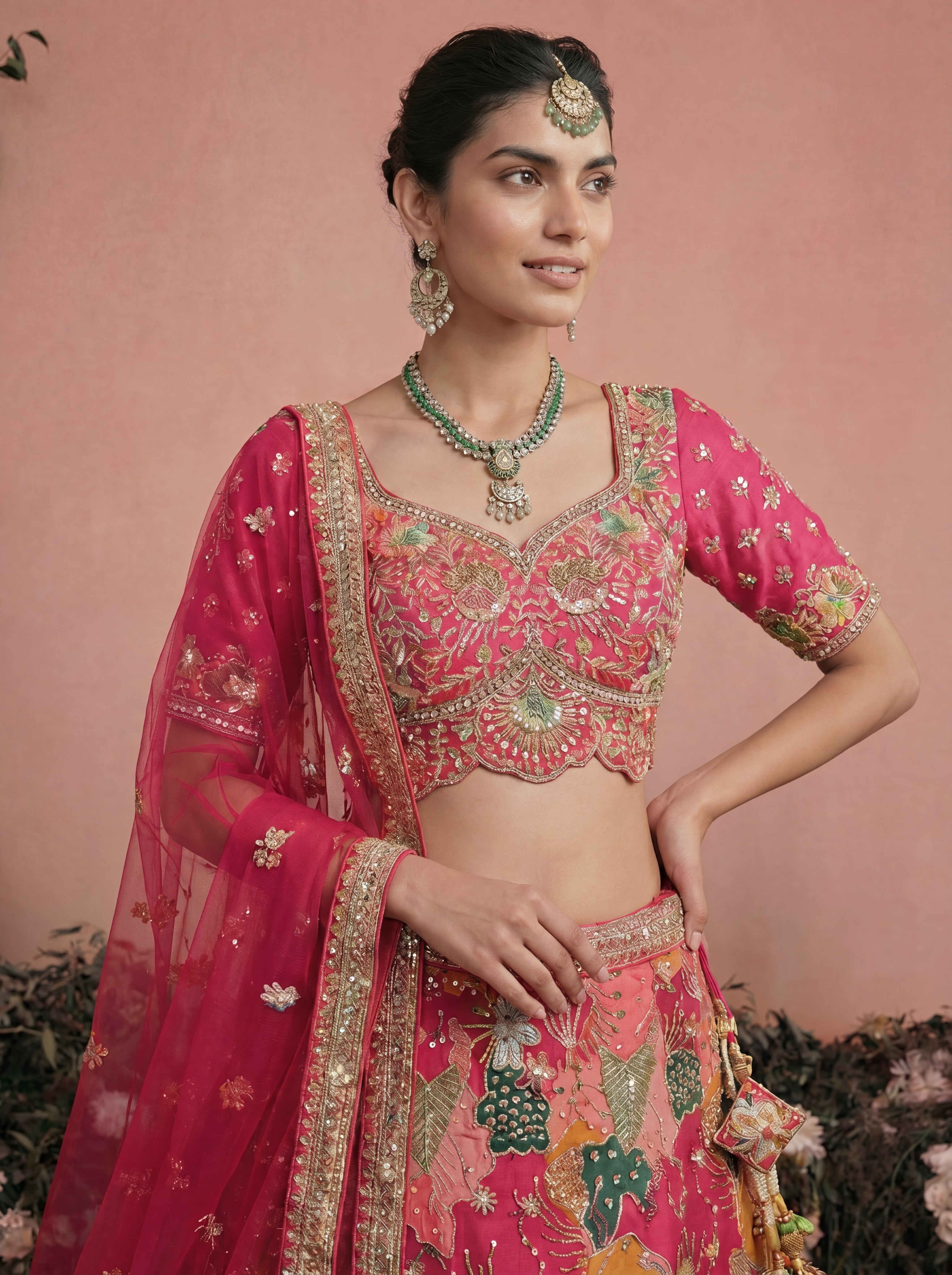Fuchsia Pink Viscose Sequins Mirror Bridal Lehenga Choli Set