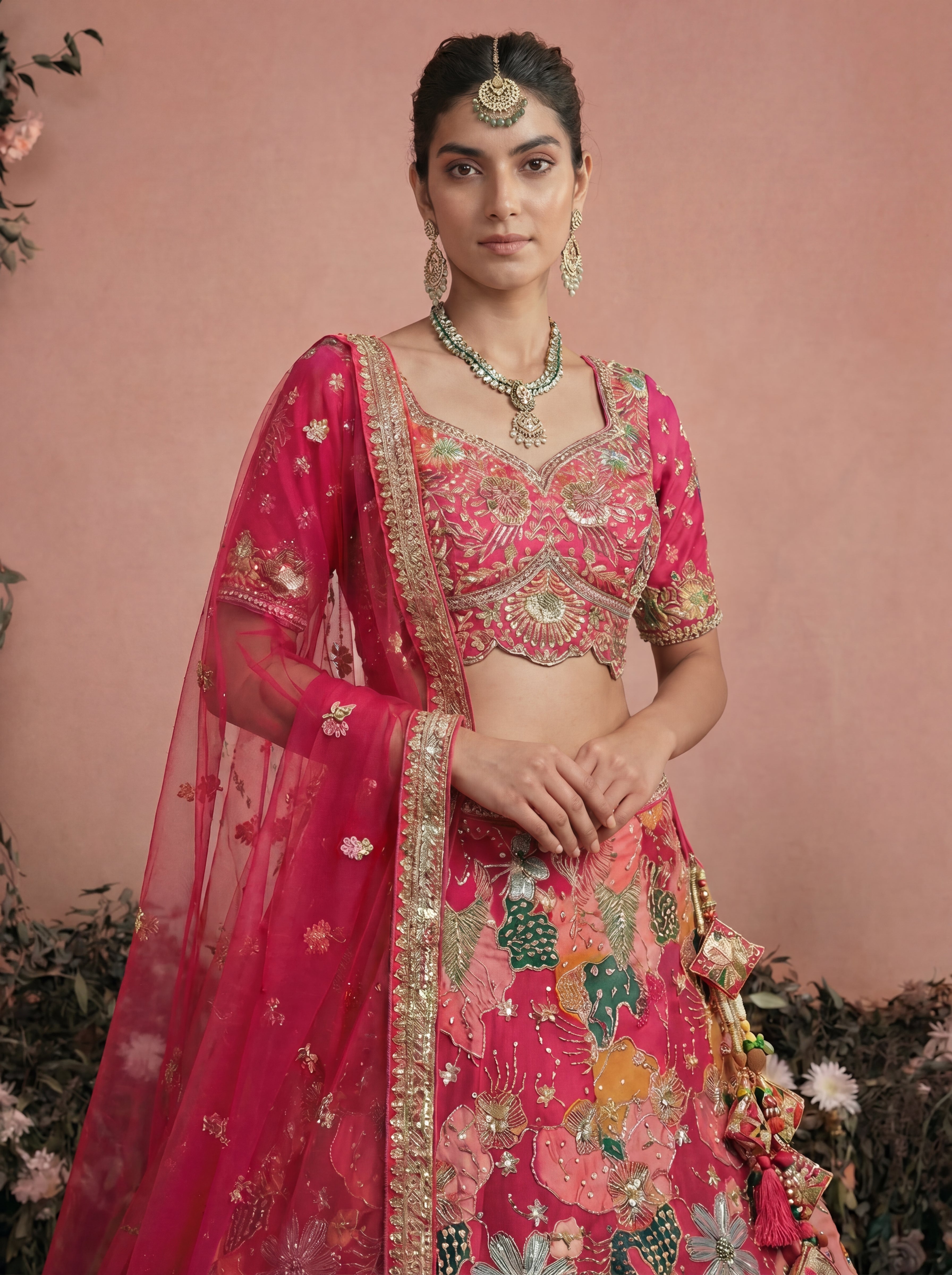 Fuchsia Pink Viscose Sequins Mirror Bridal Lehenga Choli Set