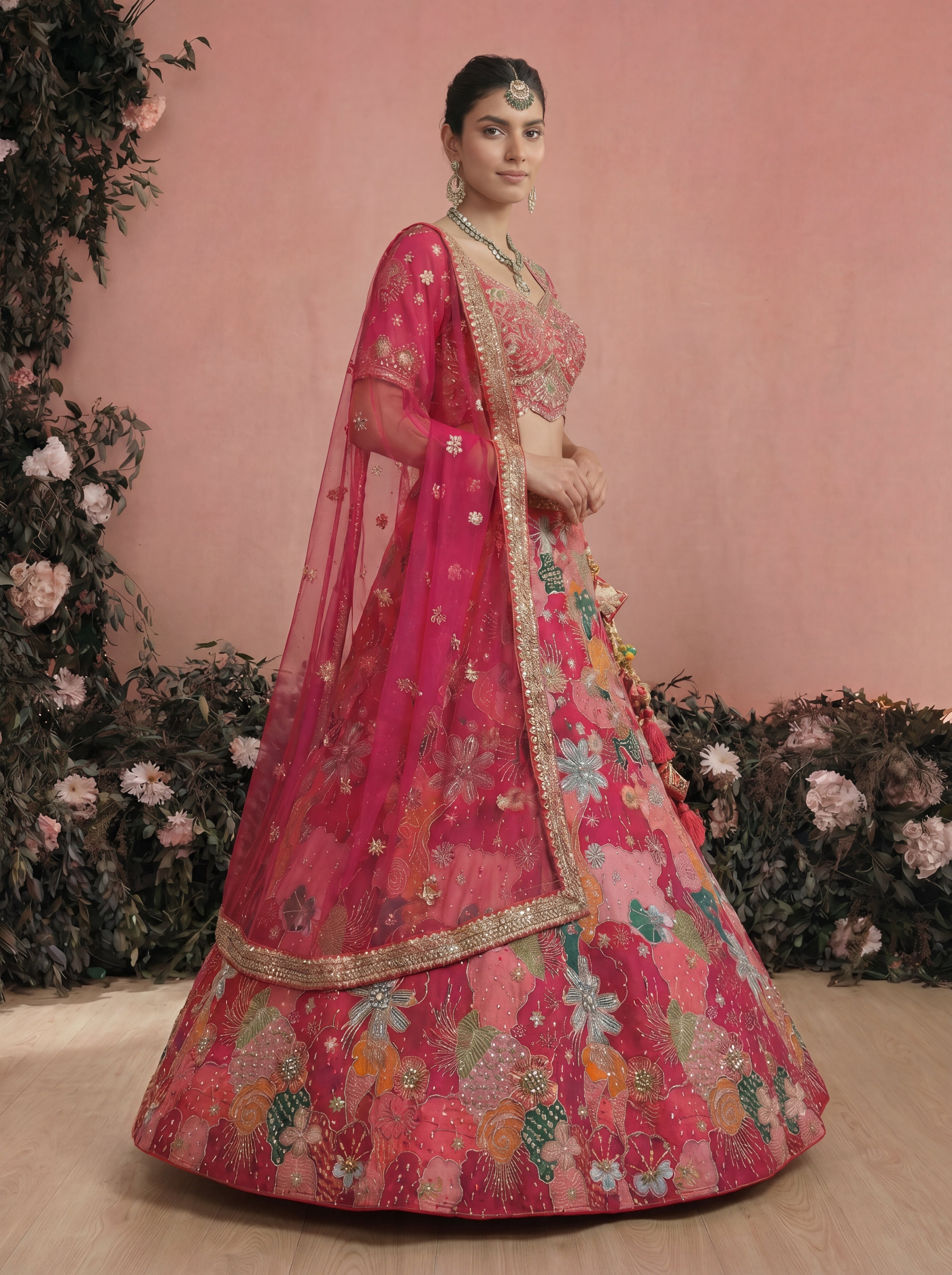 Fuchsia Pink Viscose Sequins Mirror Bridal Lehenga Choli Set