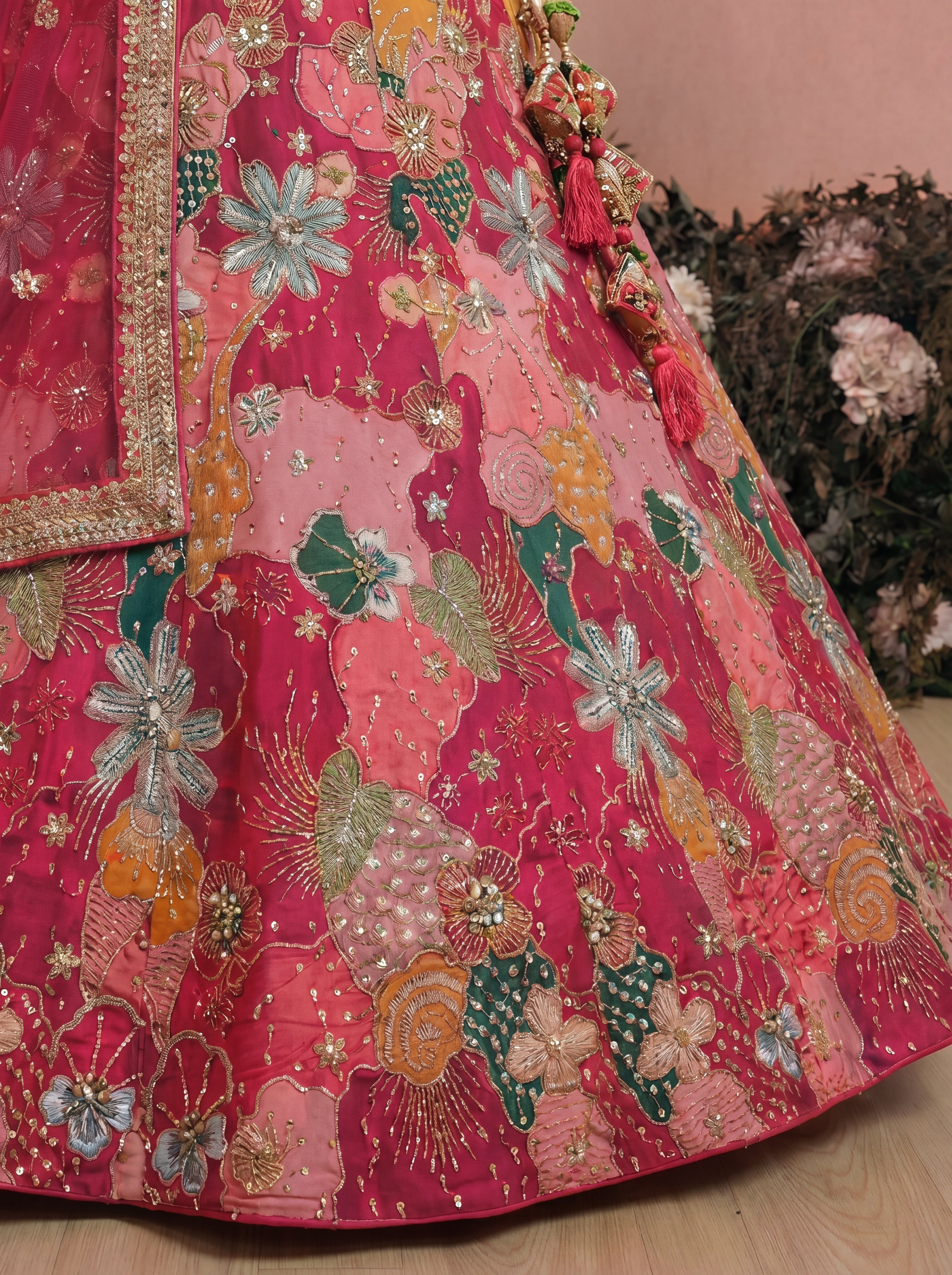 Fuchsia Pink Viscose Sequins Mirror Bridal Lehenga Choli Set
