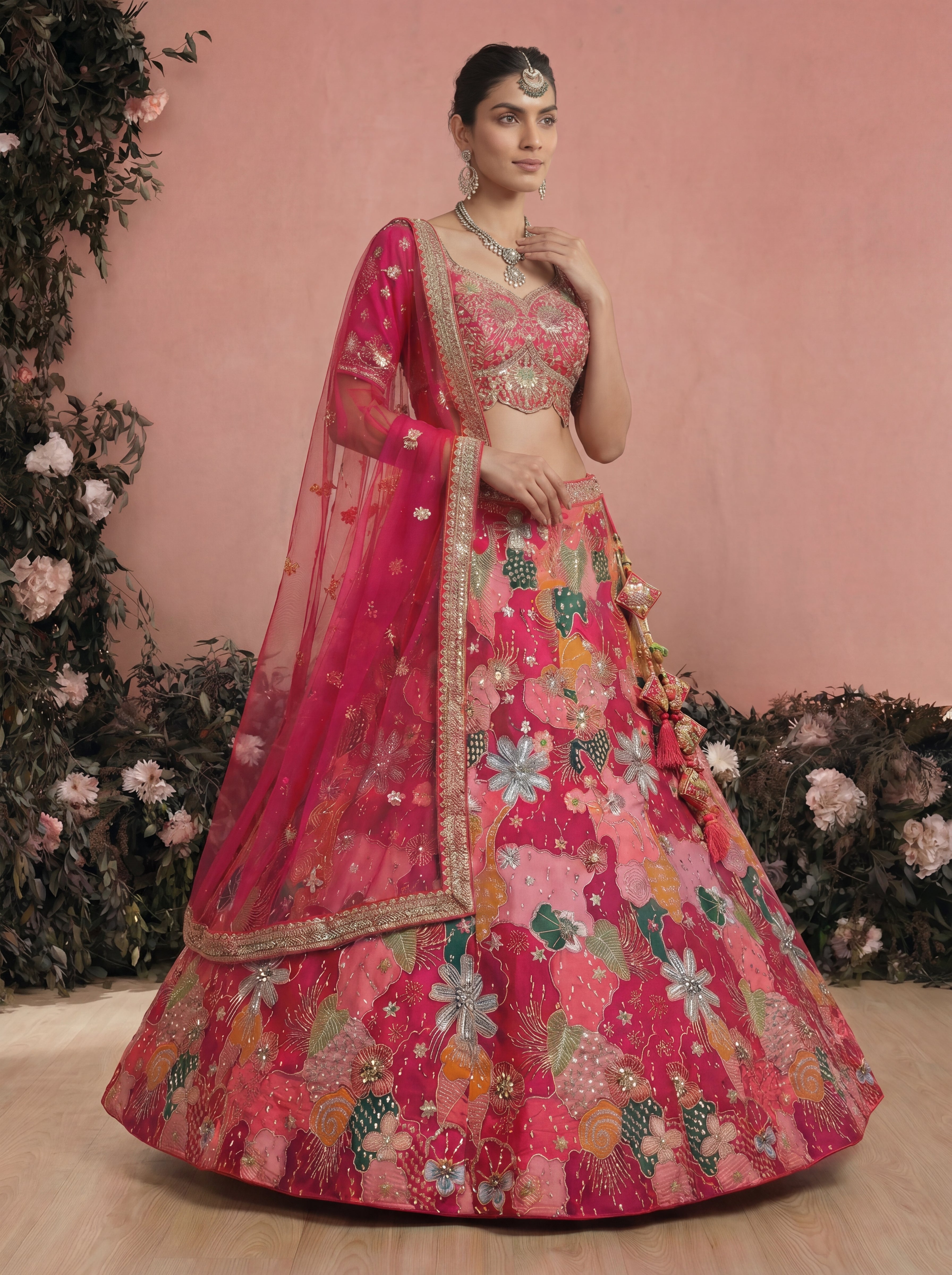 Fuchsia Pink Viscose Sequins Mirror Bridal Lehenga Choli Set