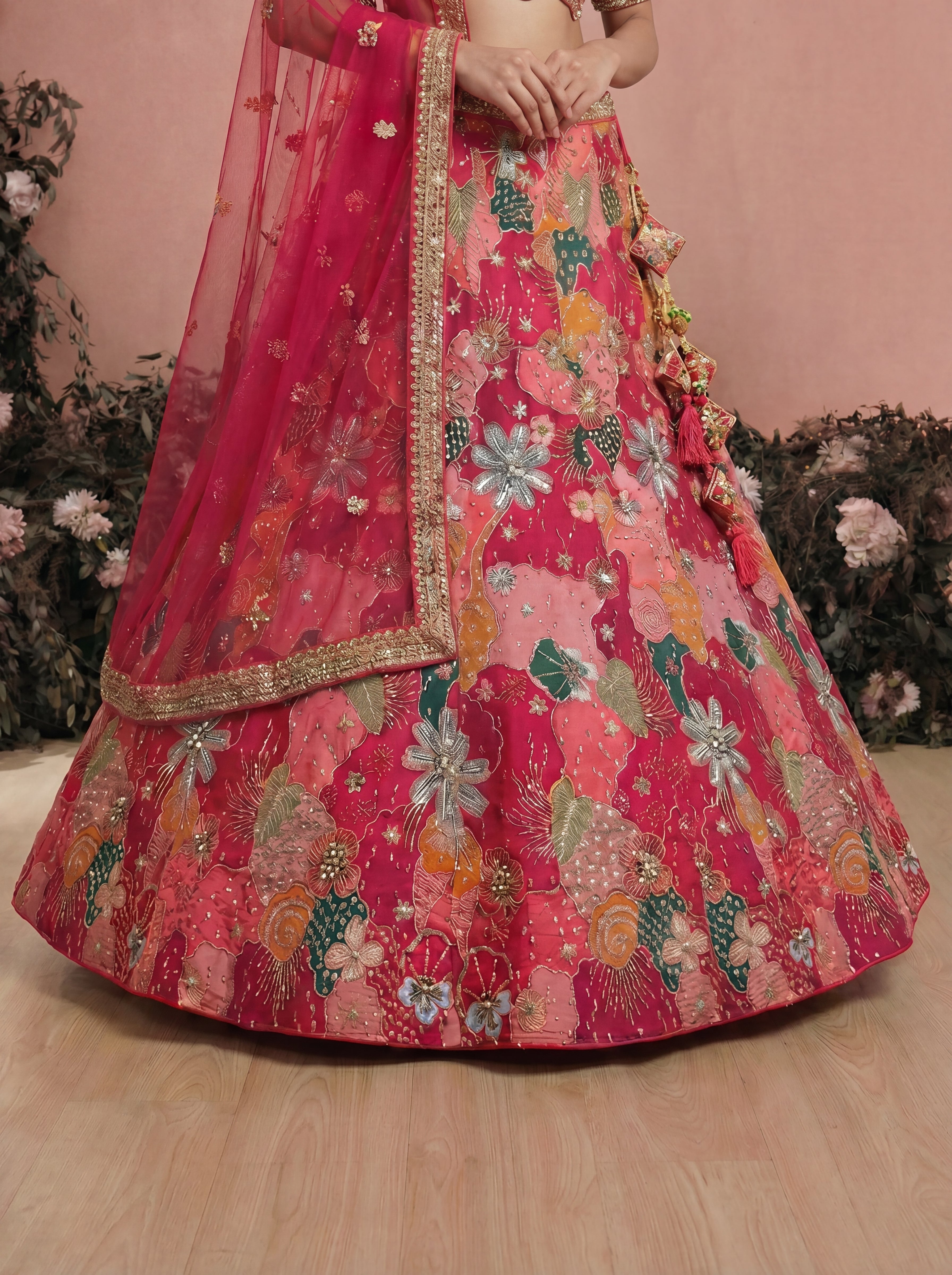 Fuchsia Pink Viscose Sequins Mirror Bridal Lehenga Choli Set