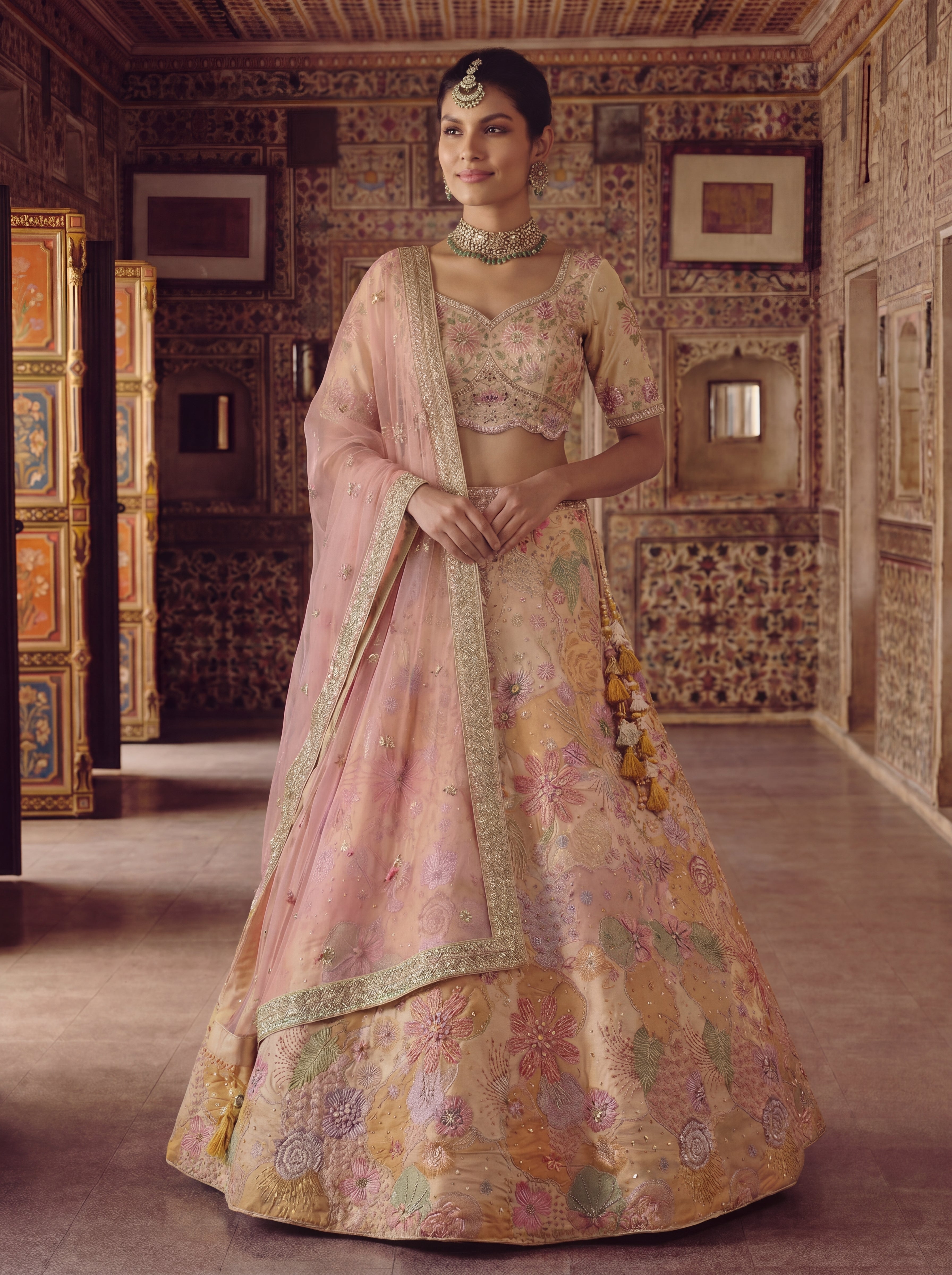 Peach Viscose Embroidered Mirror Work Bridal Lehenga Choli Set