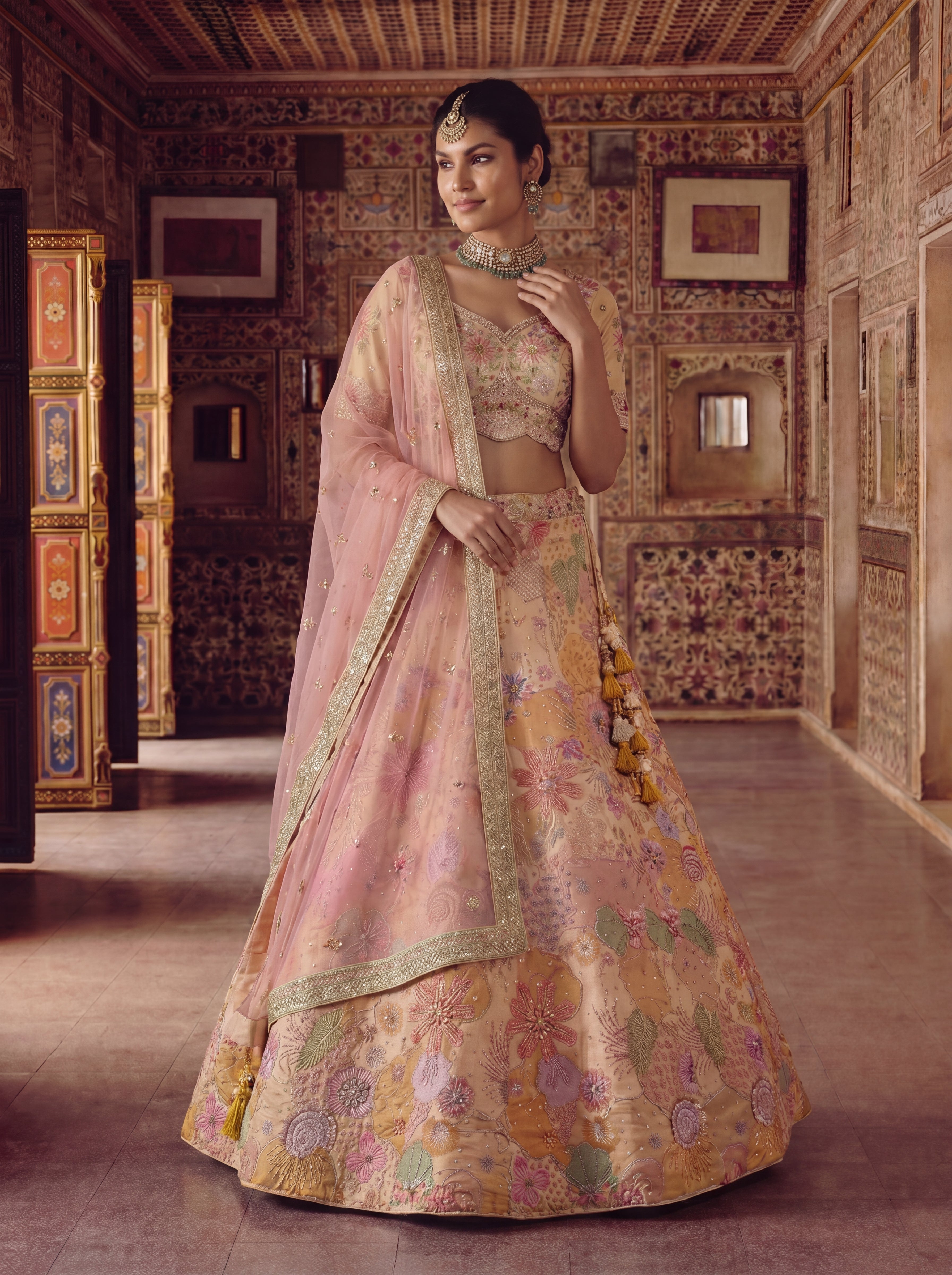 Peach Viscose Embroidered Mirror Work Bridal Lehenga Choli Set