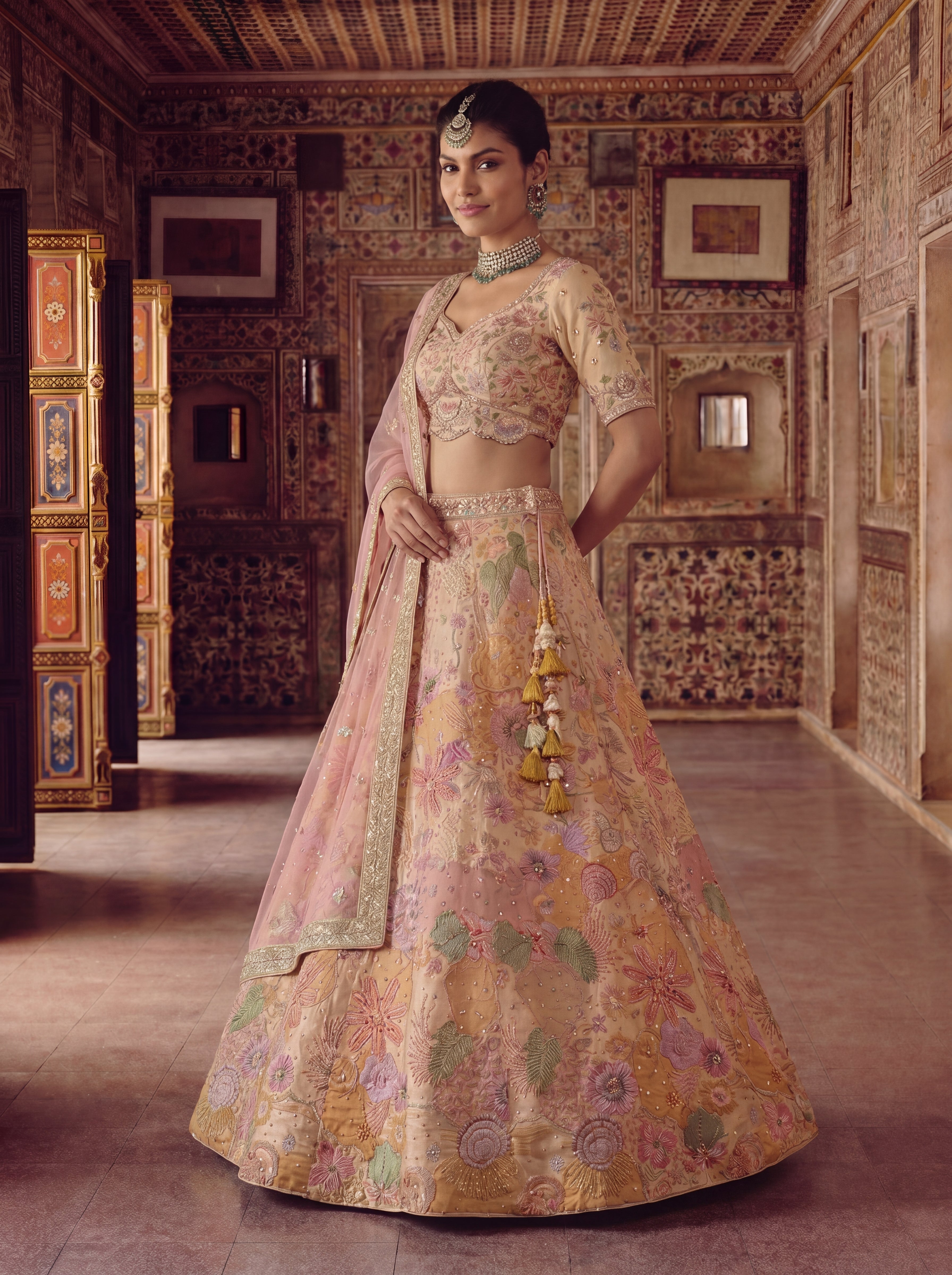 Peach Viscose Embroidered Mirror Work Bridal Lehenga Choli Set