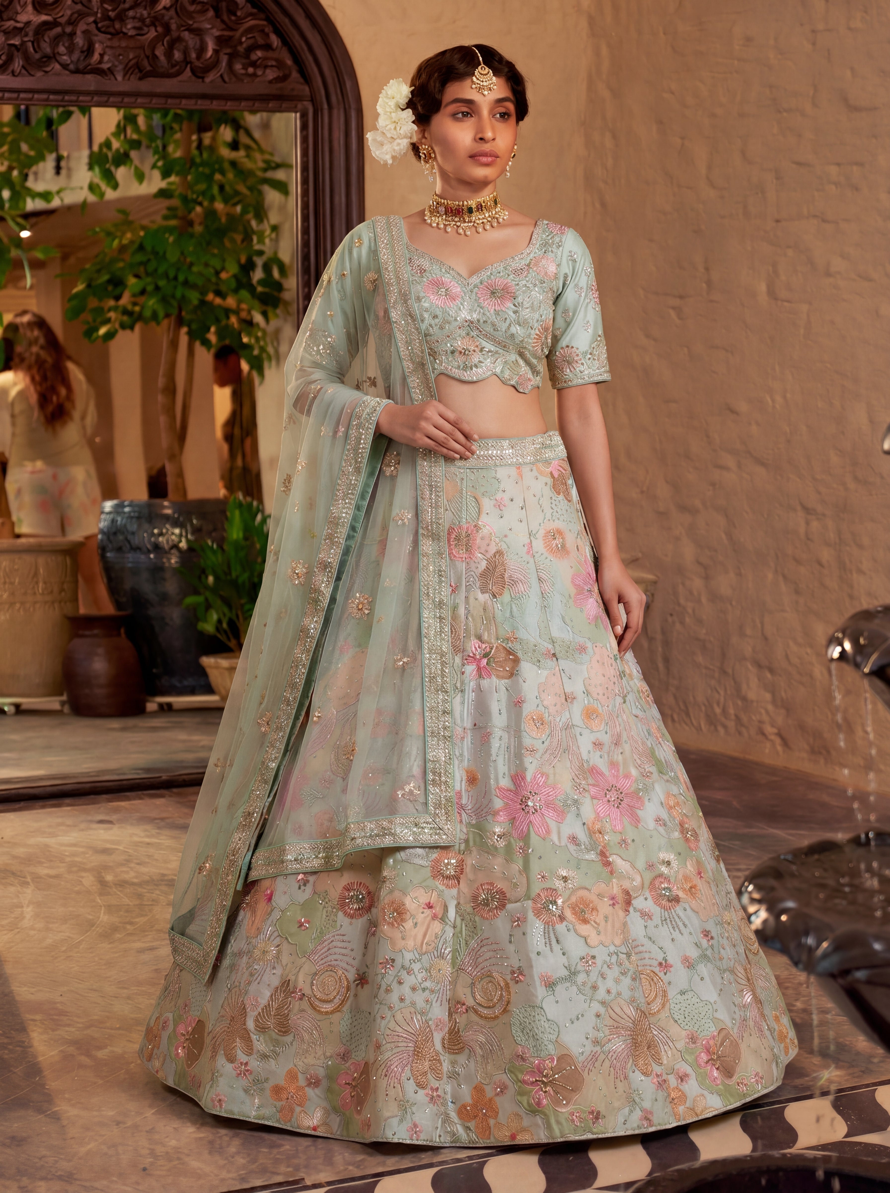 Pastel Green Viscose Embroidered Sequins Wedding Lehenga Choli Set