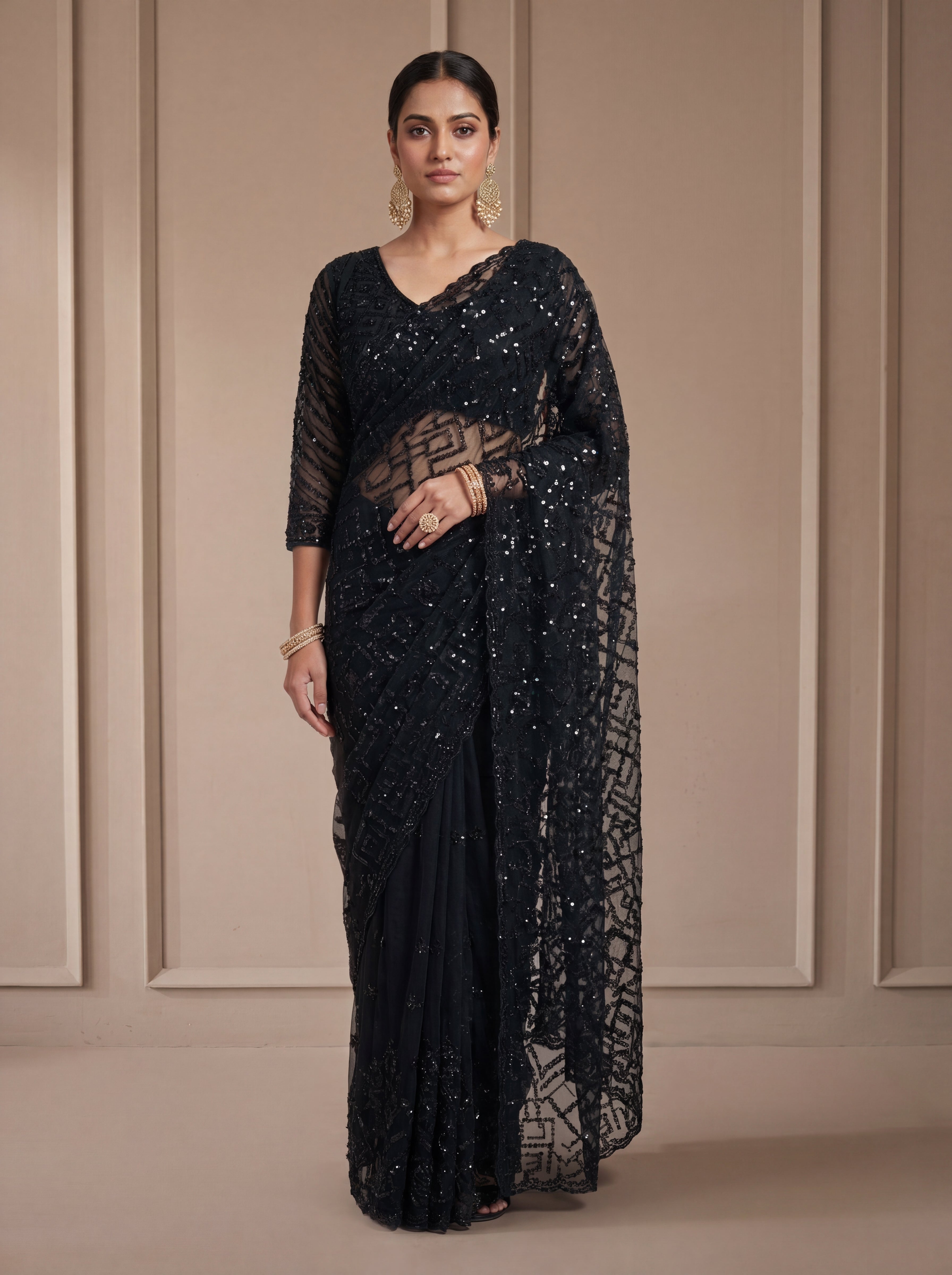 Luxury Blush Black Net Saree with Multi Sequins Embroidery