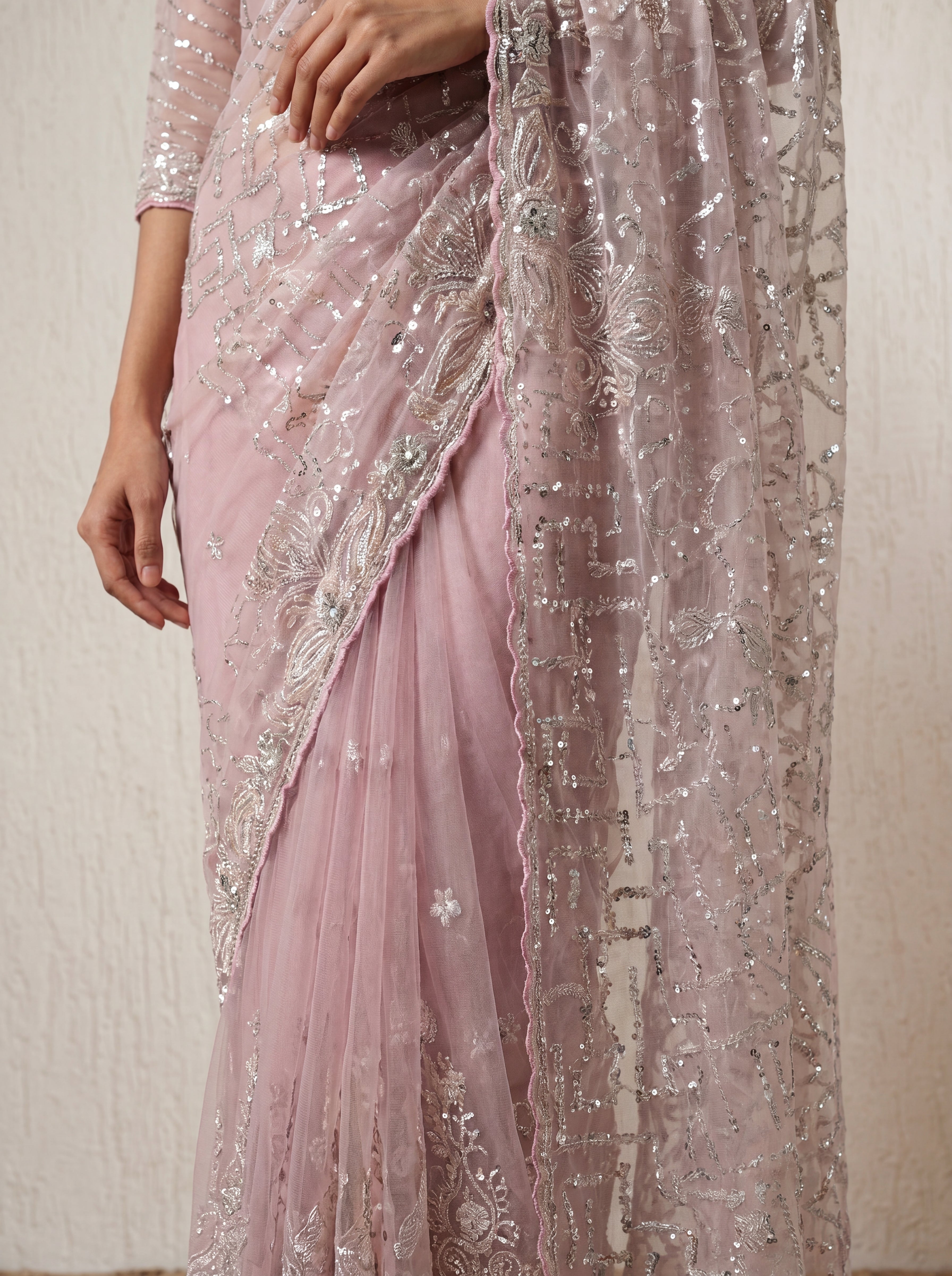 Luxury Blush Rose Net Saree with Multi Sequins Embroidery