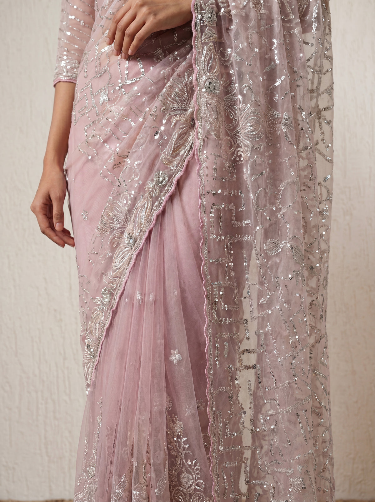 Luxury Blush Rose Net Saree with Multi Sequins Embroidery
