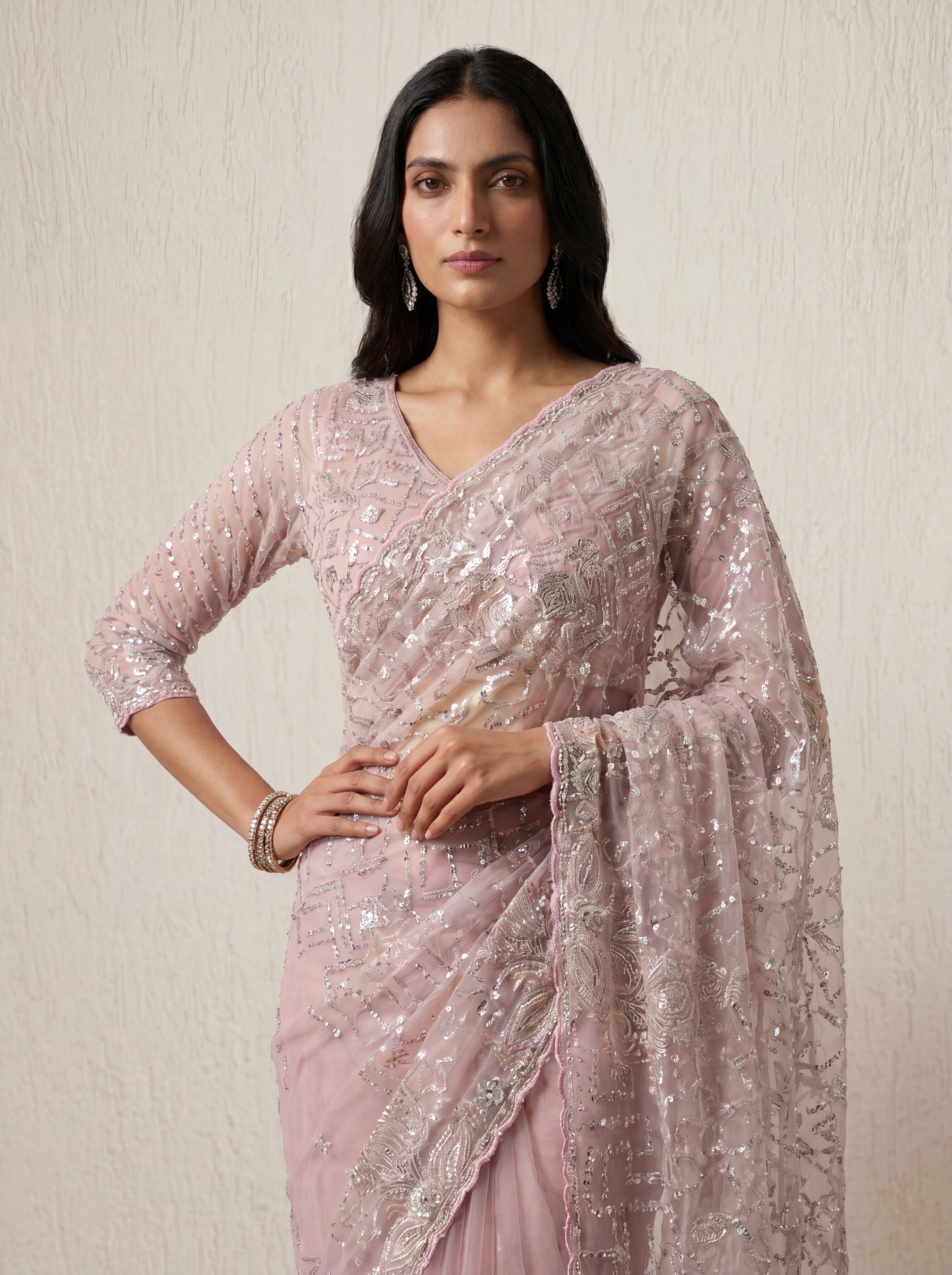 Luxury Blush Rose Net Saree with Multi Sequins Embroidery