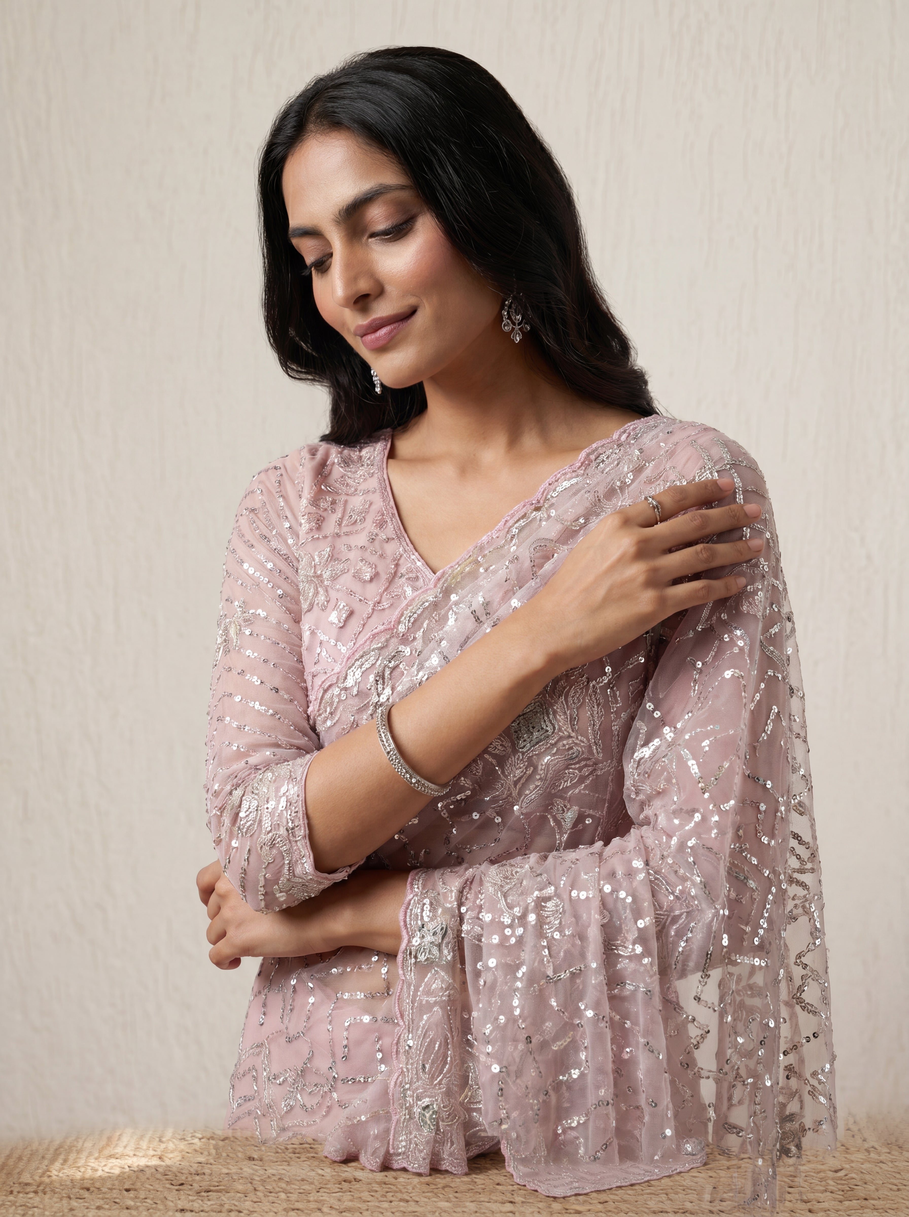 Luxury Blush Rose Net Saree with Multi Sequins Embroidery