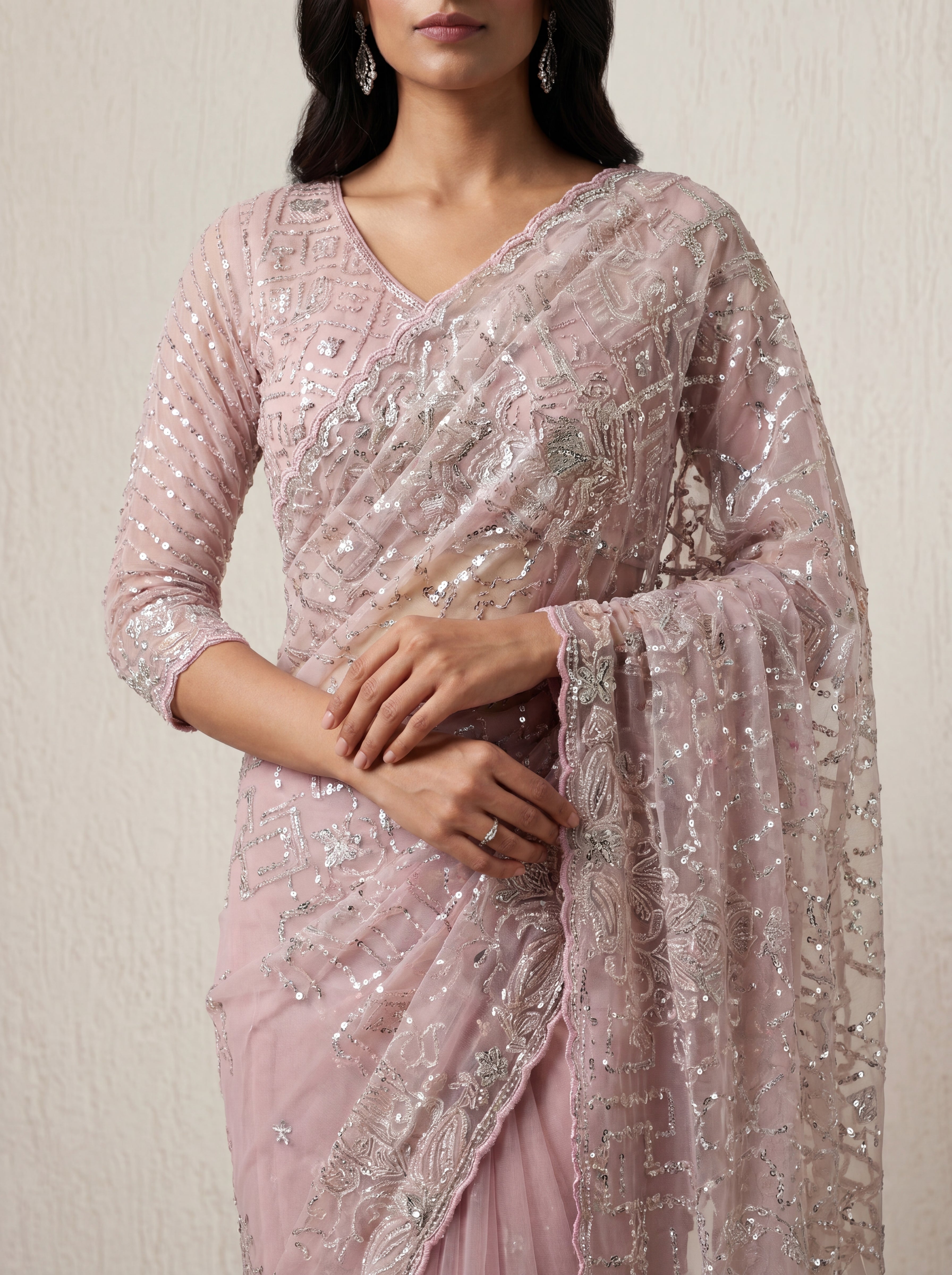 Luxury Blush Rose Net Saree with Multi Sequins Embroidery