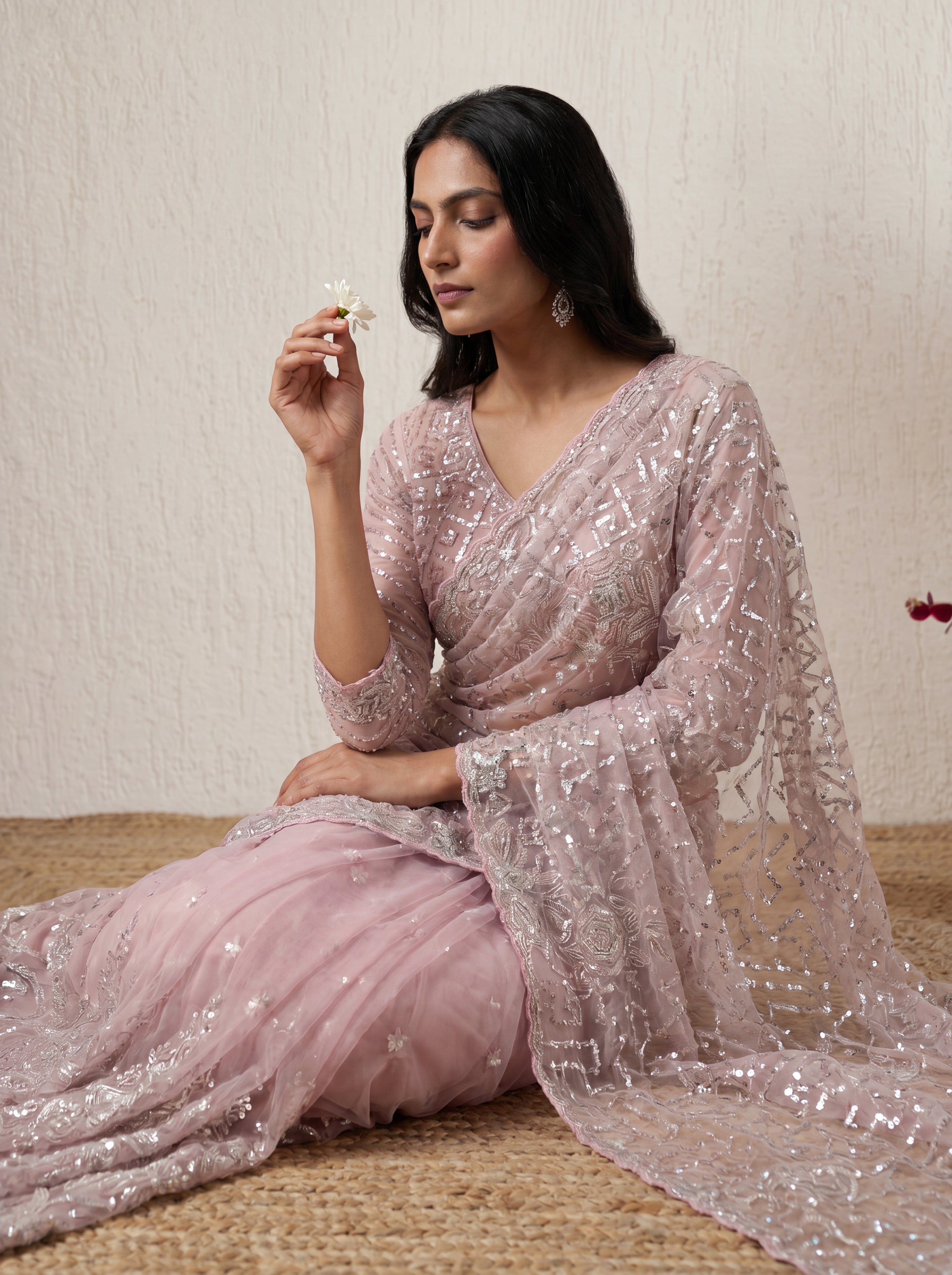 Luxury Blush Rose Net Saree with Multi Sequins Embroidery