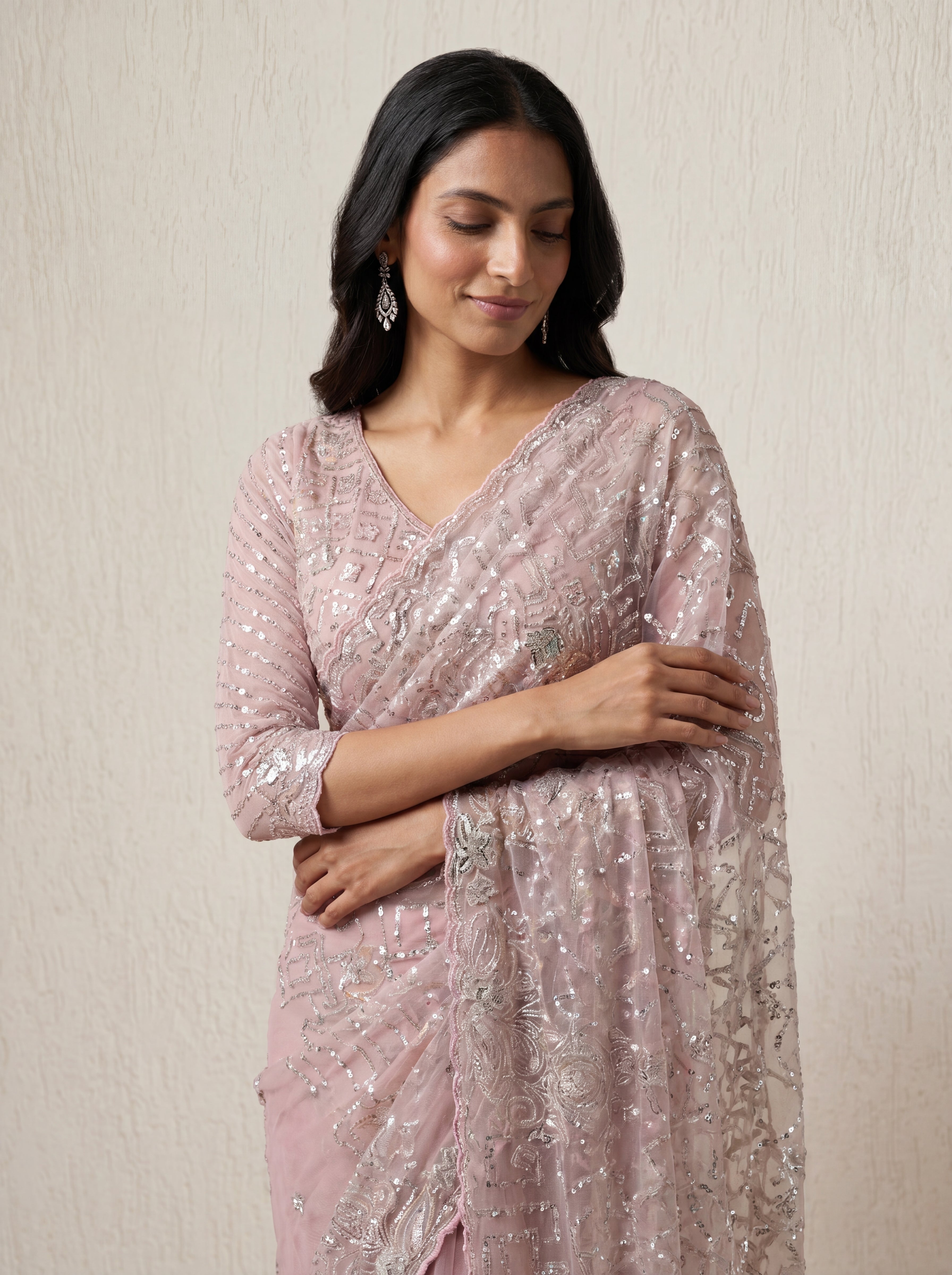 Luxury Blush Rose Net Saree with Multi Sequins Embroidery