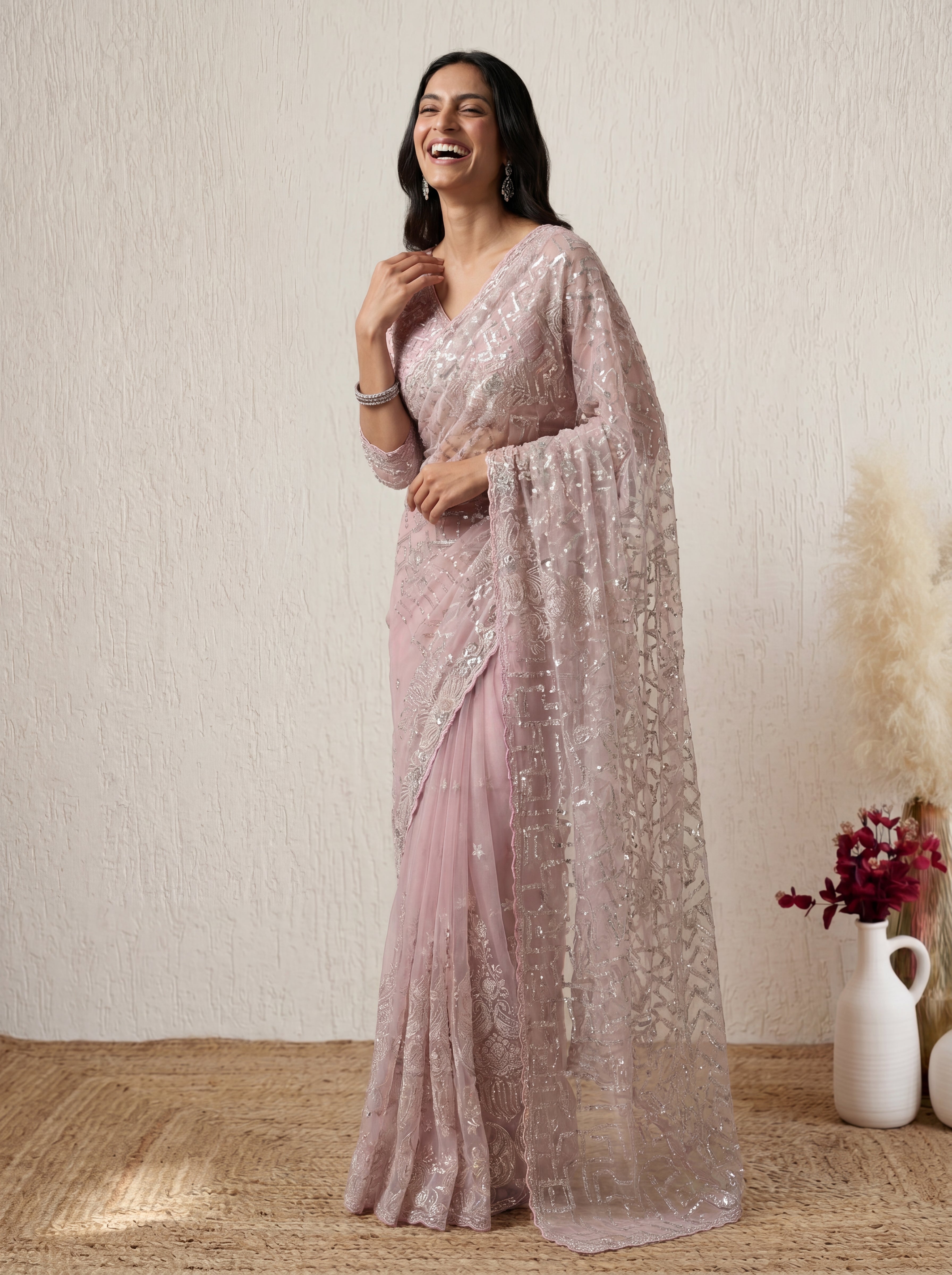 Luxury Blush Rose Net Saree with Multi Sequins Embroidery