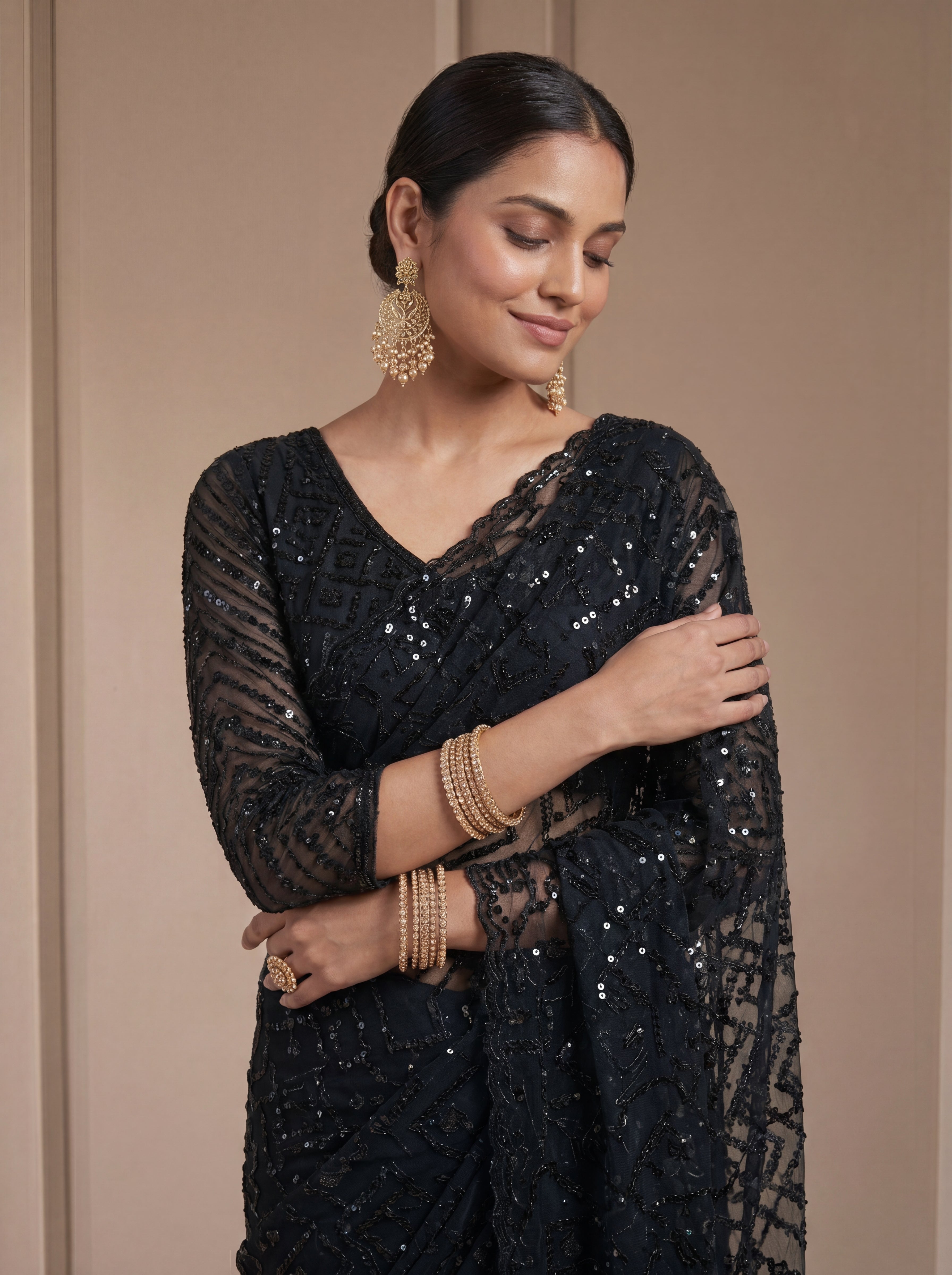 Luxury Blush Black Net Saree with Multi Sequins Embroidery