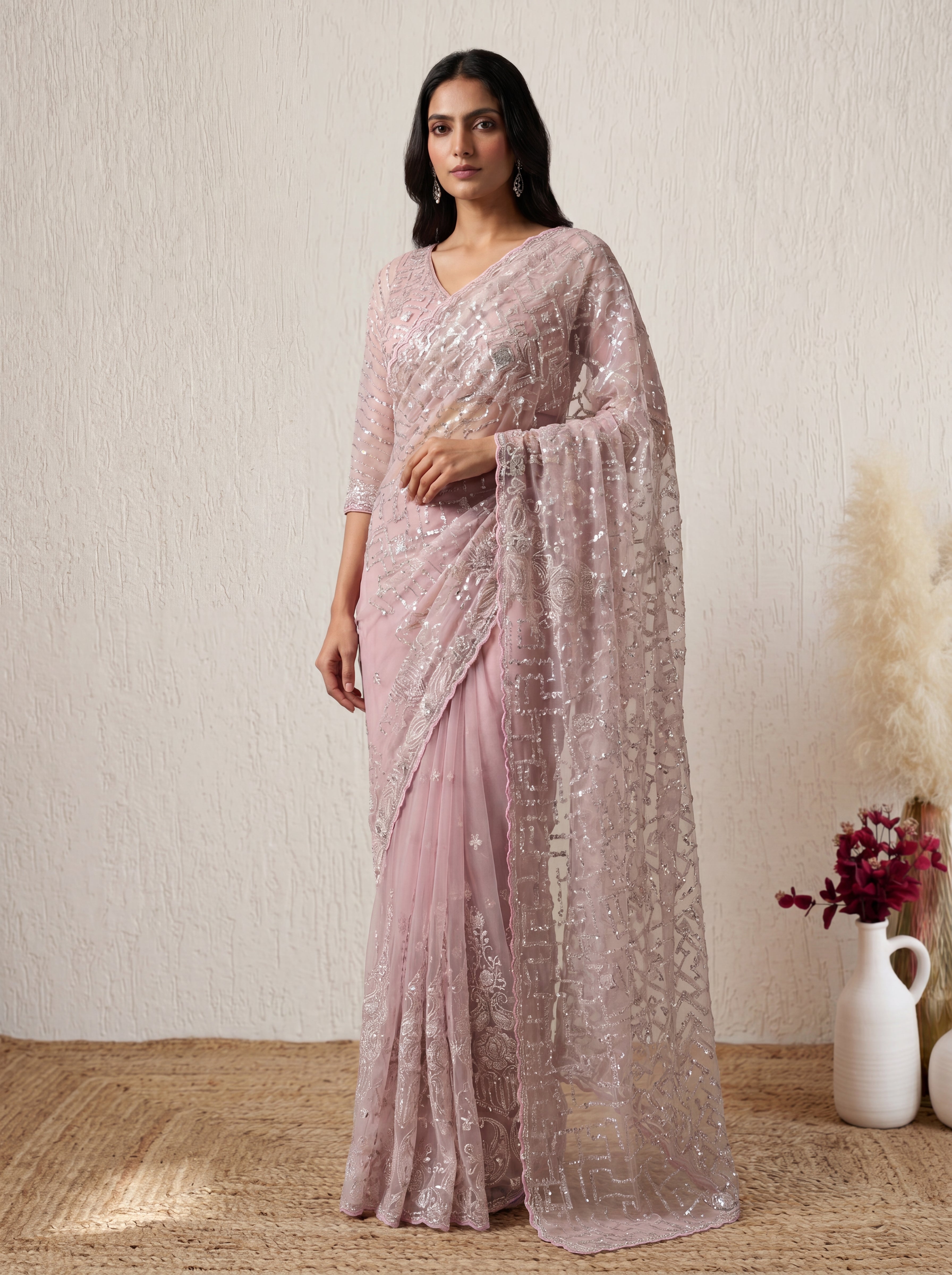 Luxury Blush Rose Net Saree with Multi Sequins Embroidery