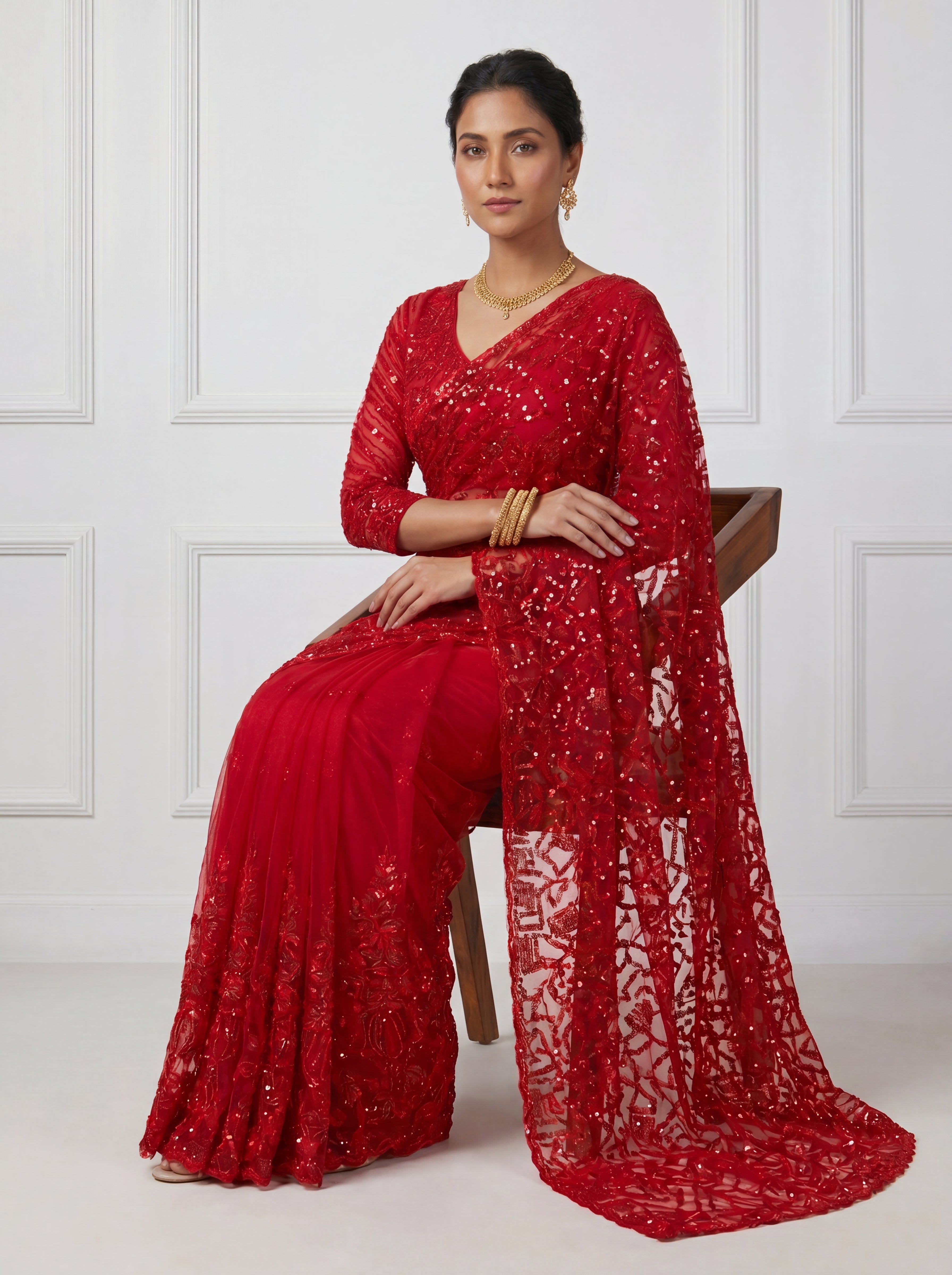 Luxury Blush Red Net Saree with Multi Sequins Embroidery