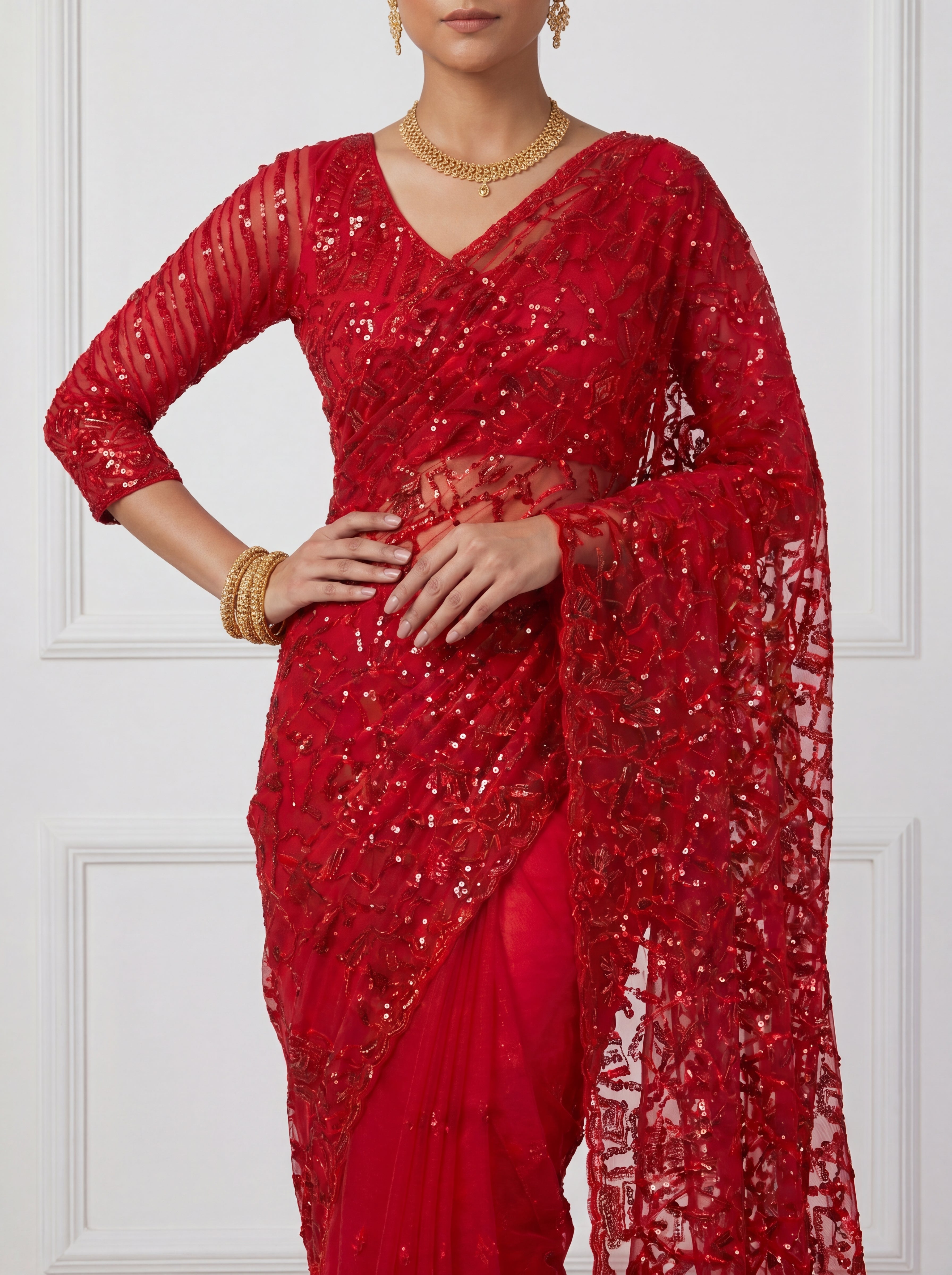 Luxury Blush Red Net Saree with Multi Sequins Embroidery