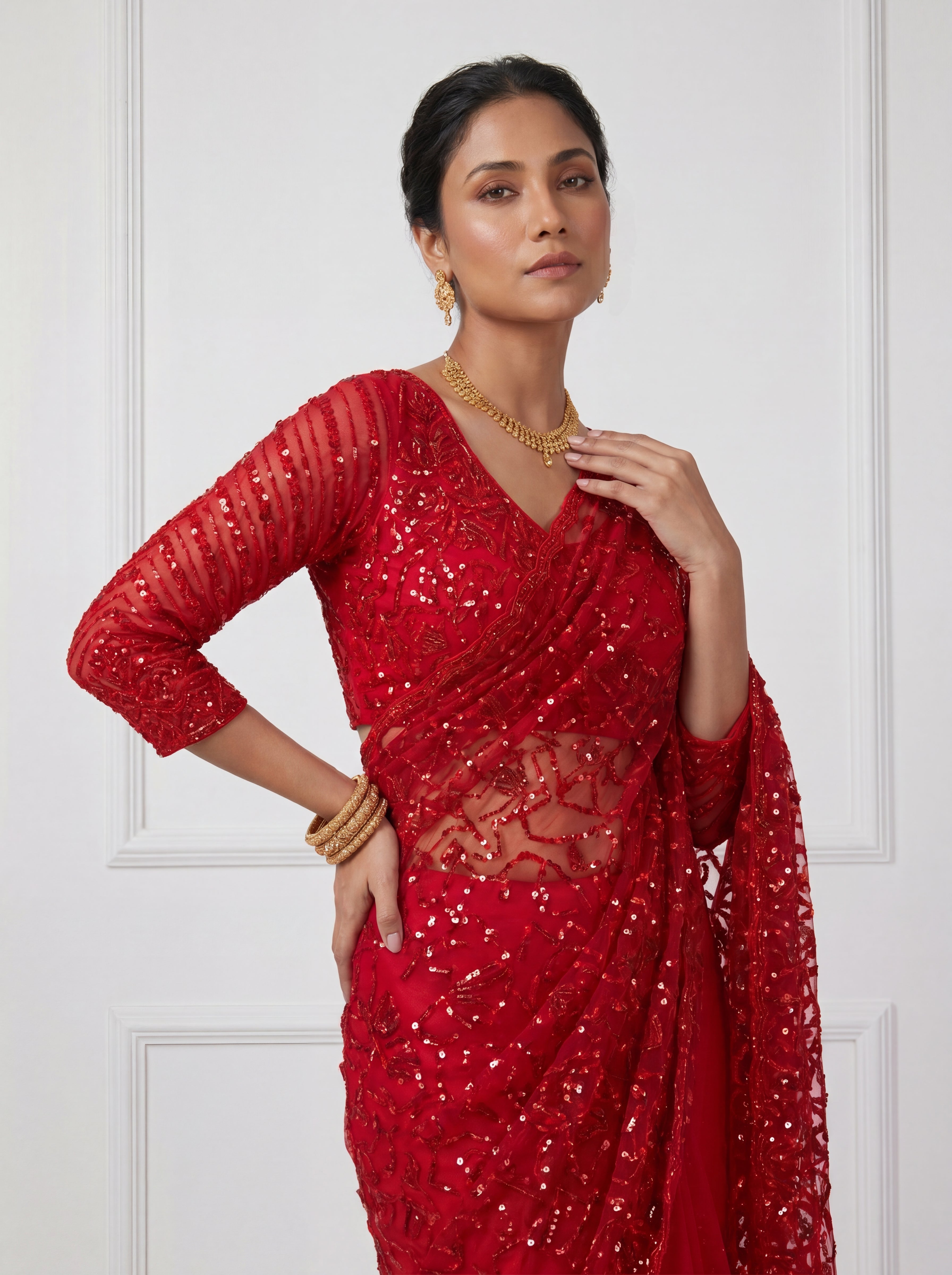 Luxury Blush Red Net Saree with Multi Sequins Embroidery