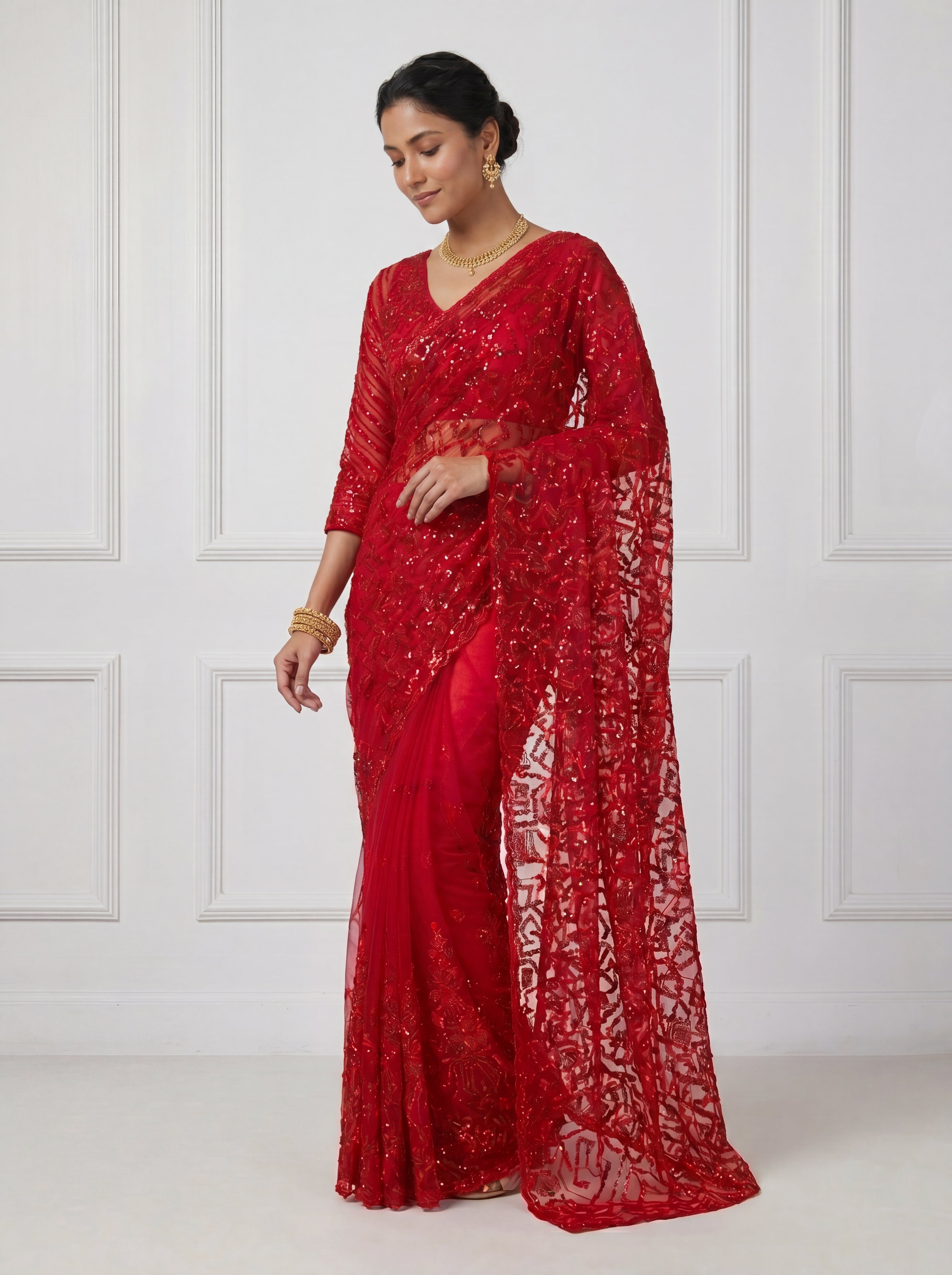 Luxury Blush Red Net Saree with Multi Sequins Embroidery
