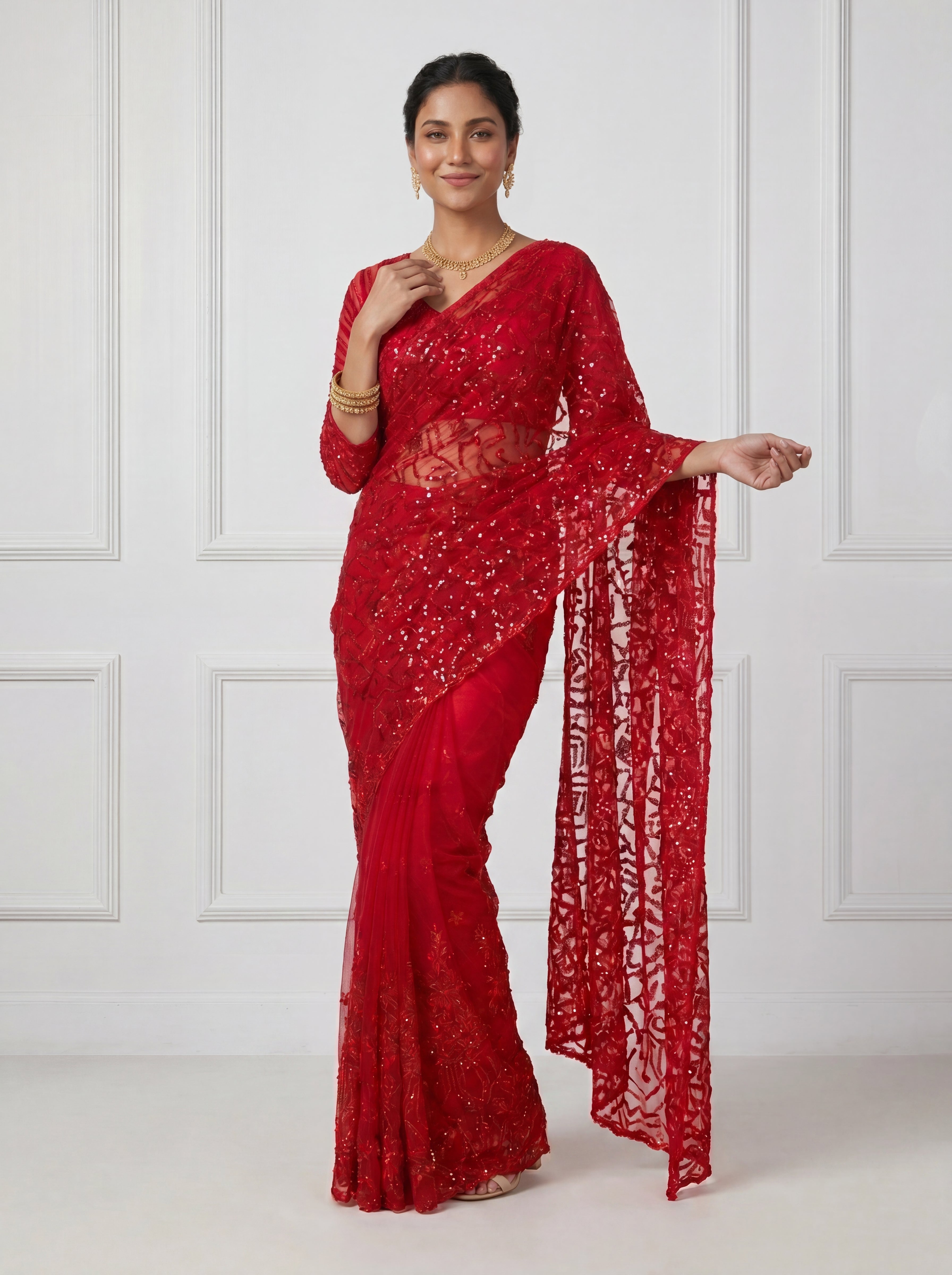 Luxury Blush Red Net Saree with Multi Sequins Embroidery