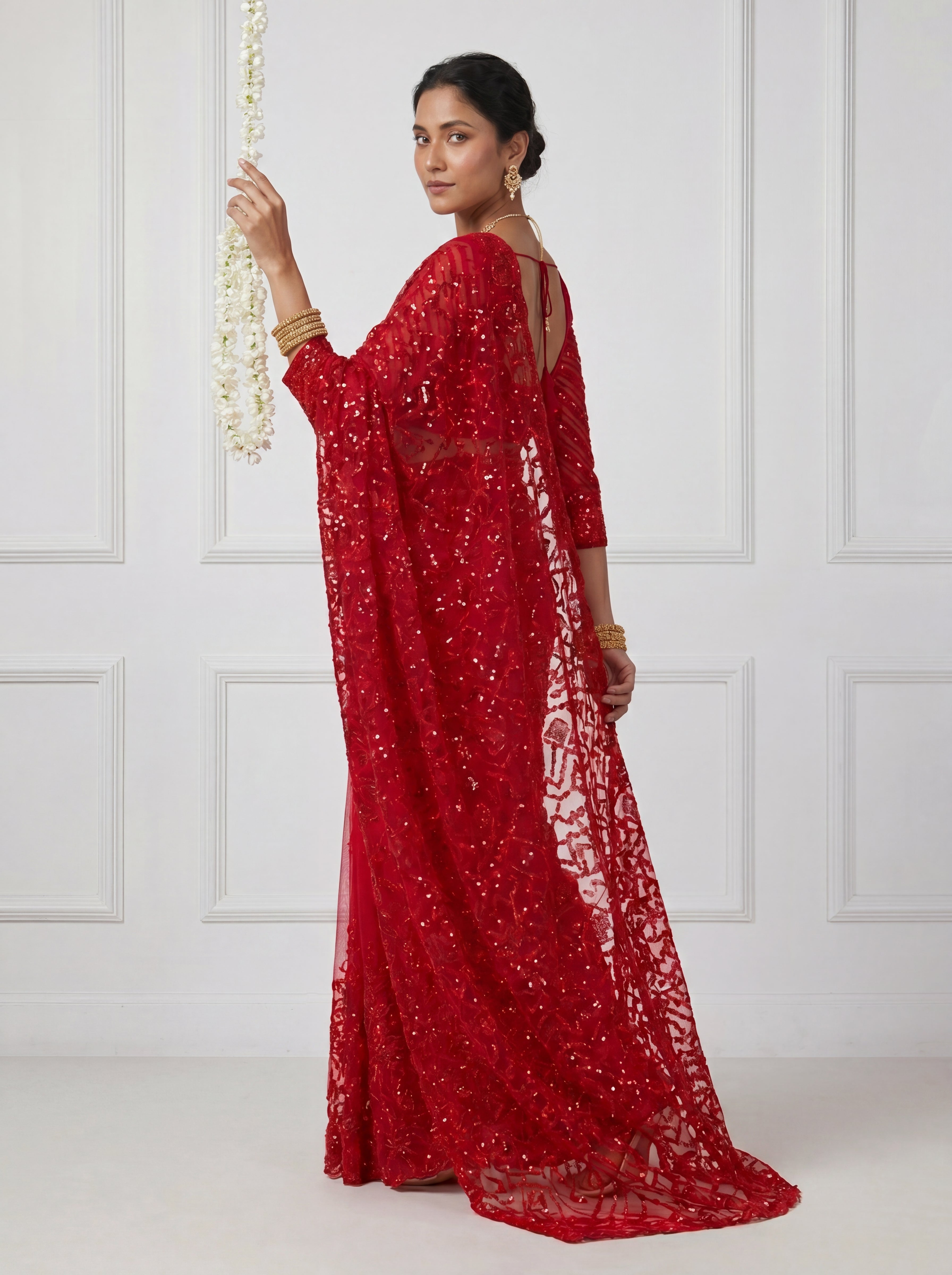 Luxury Blush Red Net Saree with Multi Sequins Embroidery