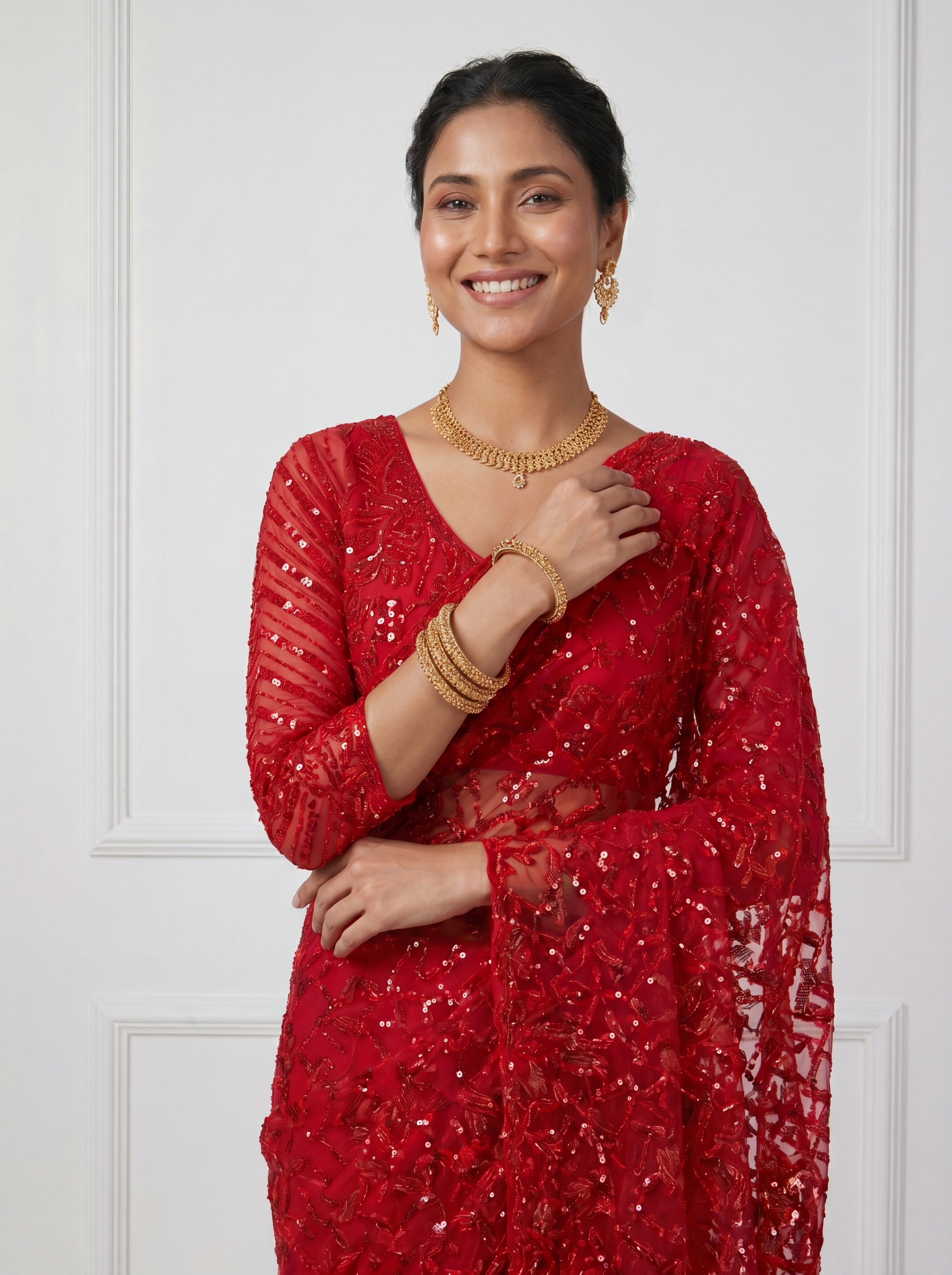 Luxury Blush Red Net Saree with Multi Sequins Embroidery