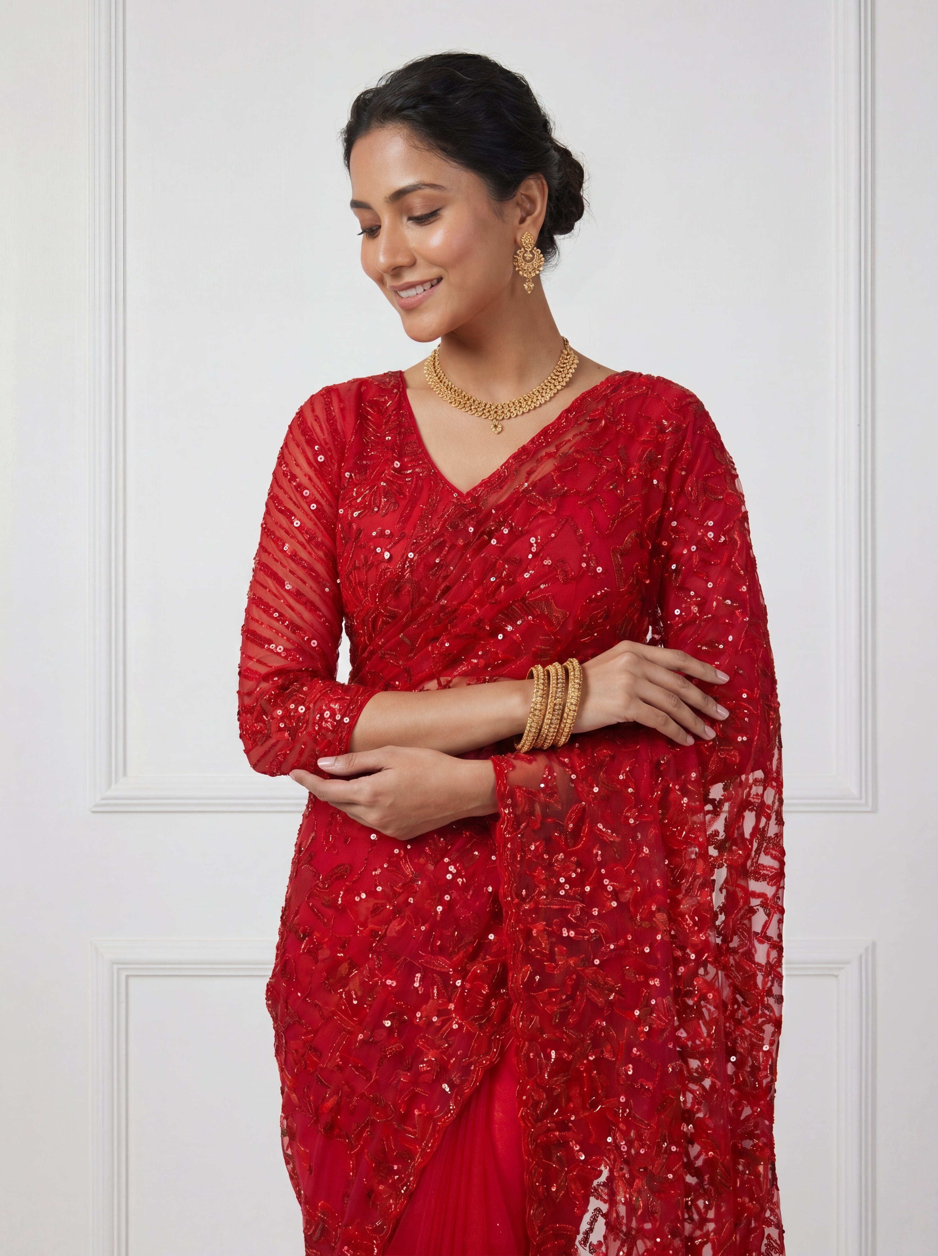 Luxury Blush Red Net Saree with Multi Sequins Embroidery