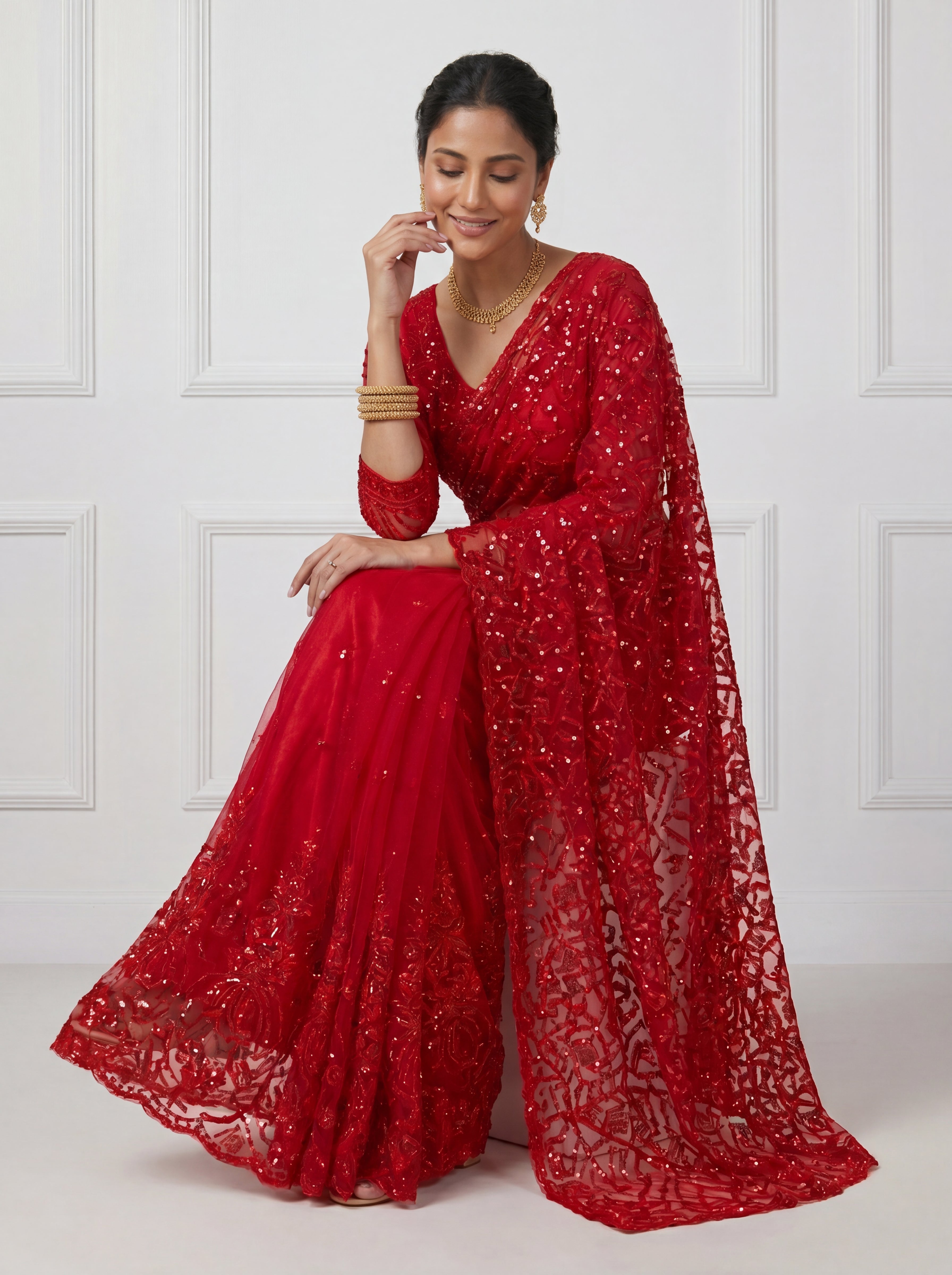 Luxury Blush Red Net Saree with Multi Sequins Embroidery