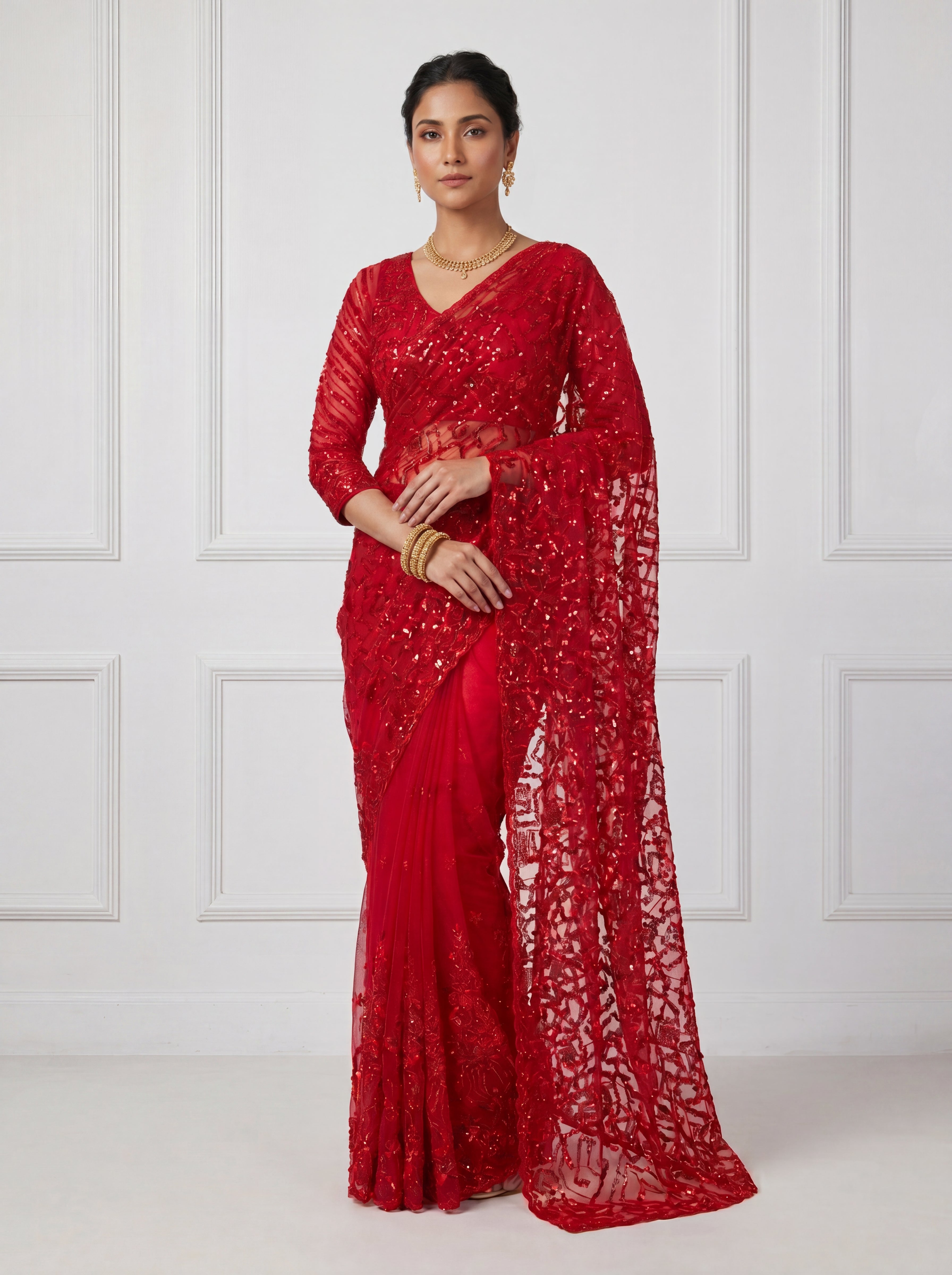 Luxury Blush Red Net Saree with Multi Sequins Embroidery