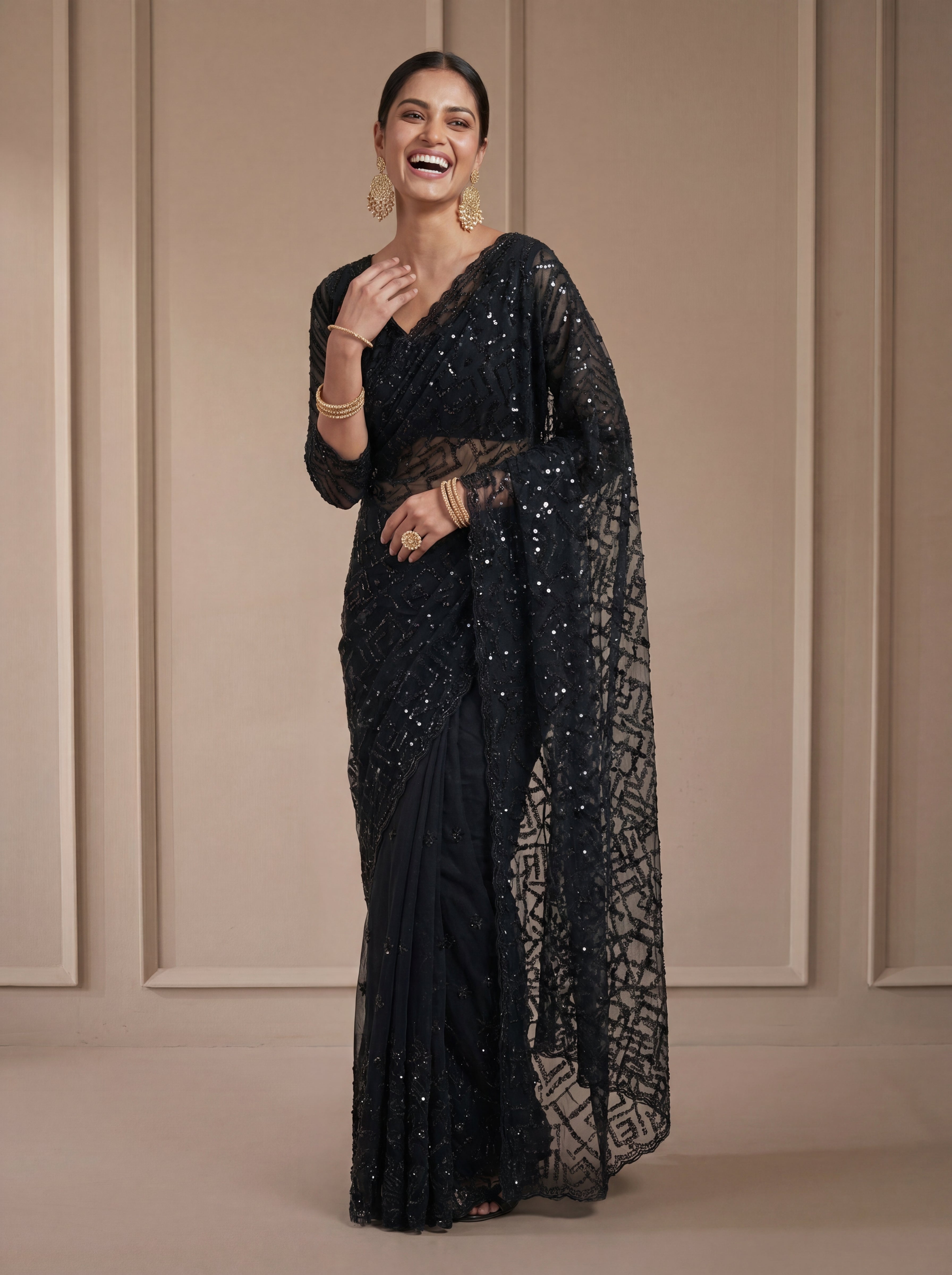 Luxury Blush Black Net Saree with Multi Sequins Embroidery