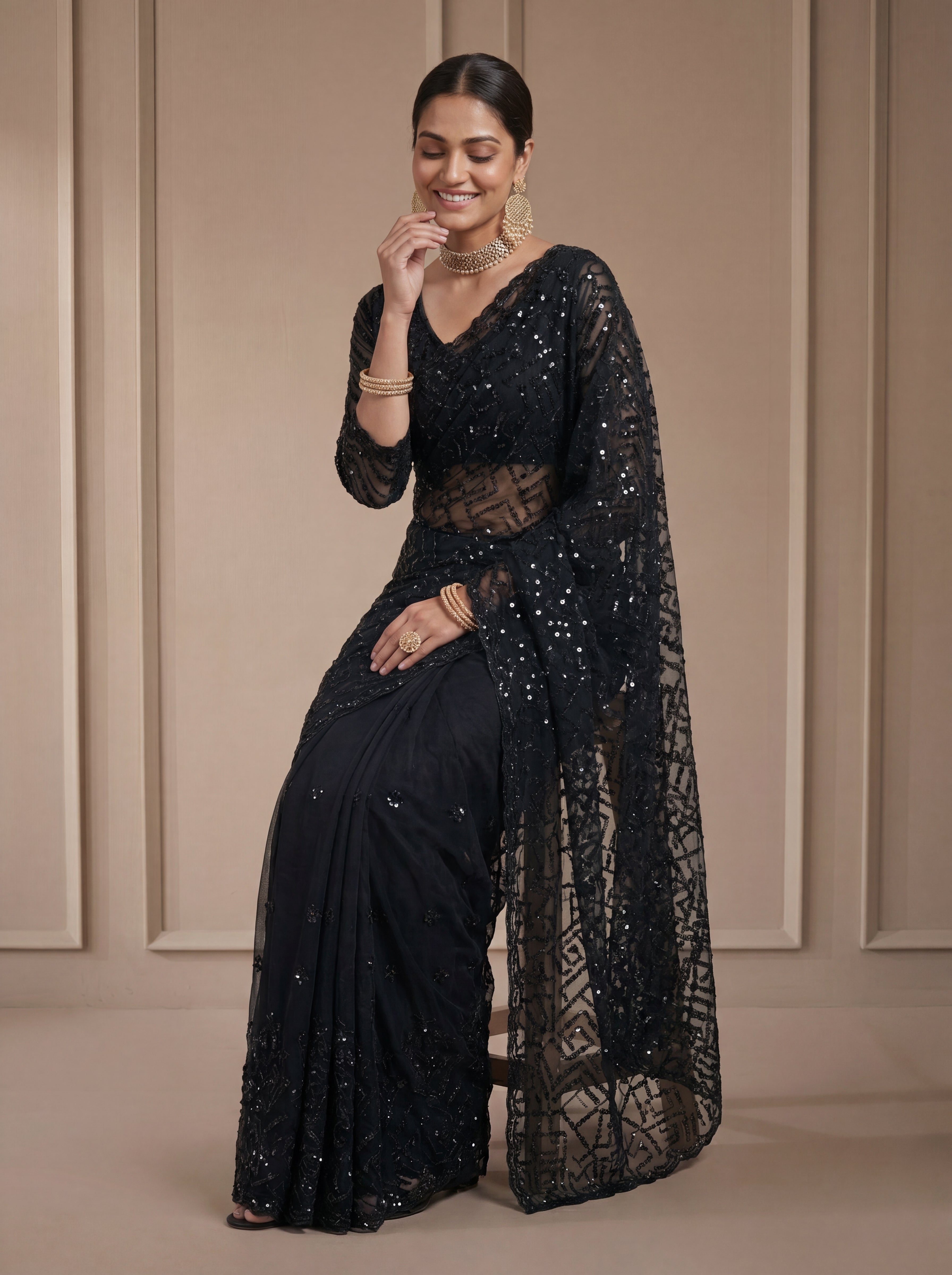 Luxury Blush Black Net Saree with Multi Sequins Embroidery