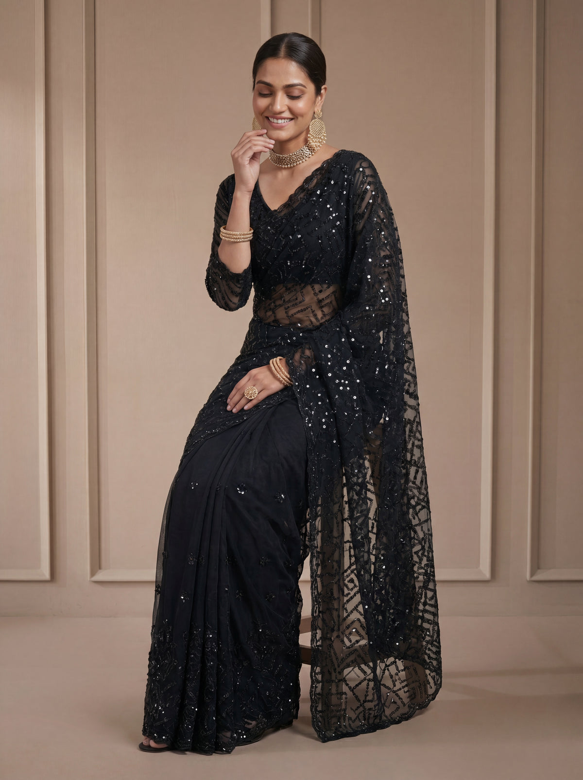 Luxury Blush Black Net Saree with Multi Sequins Embroidery
