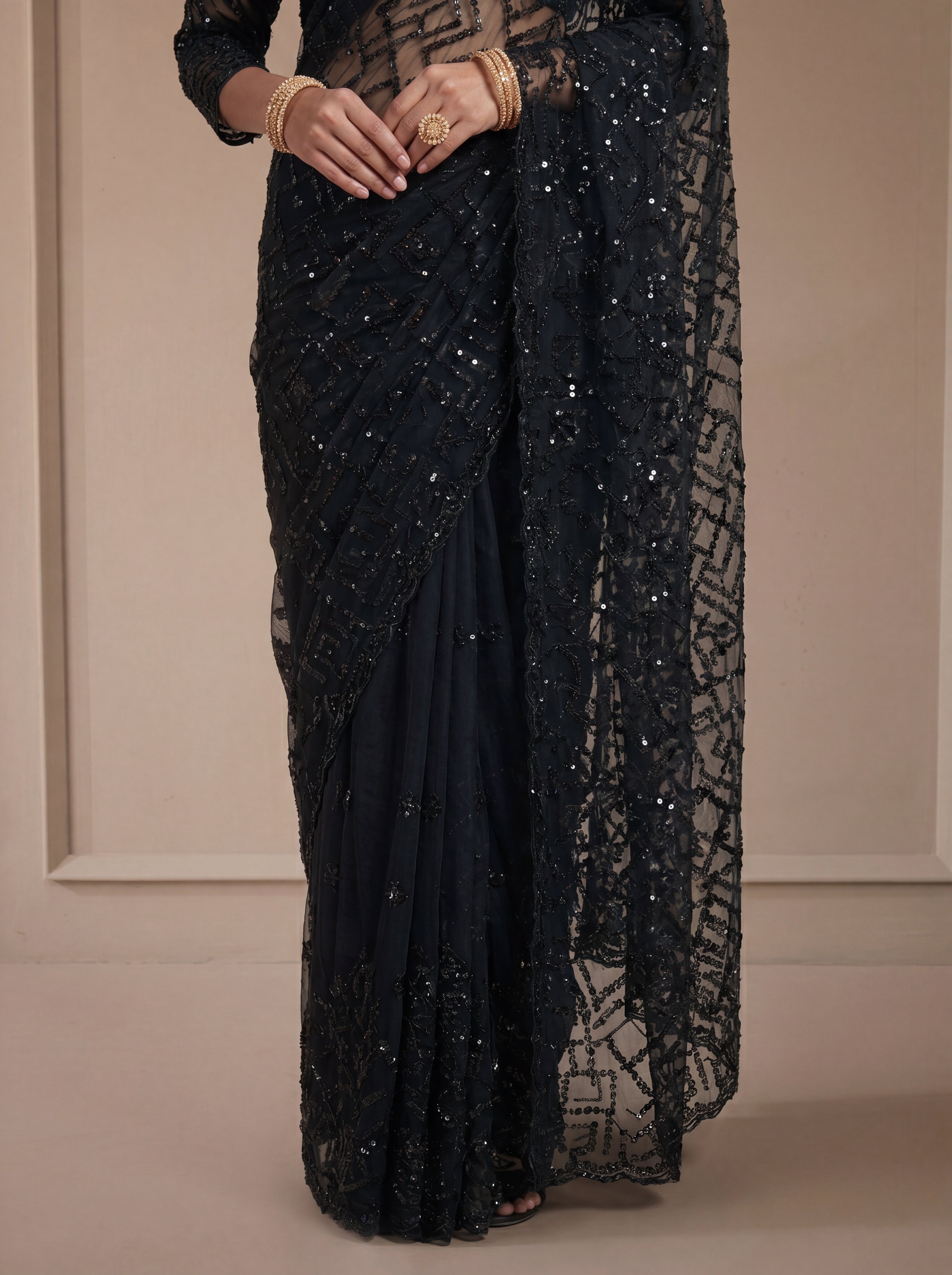Luxury Blush Black Net Saree with Multi Sequins Embroidery