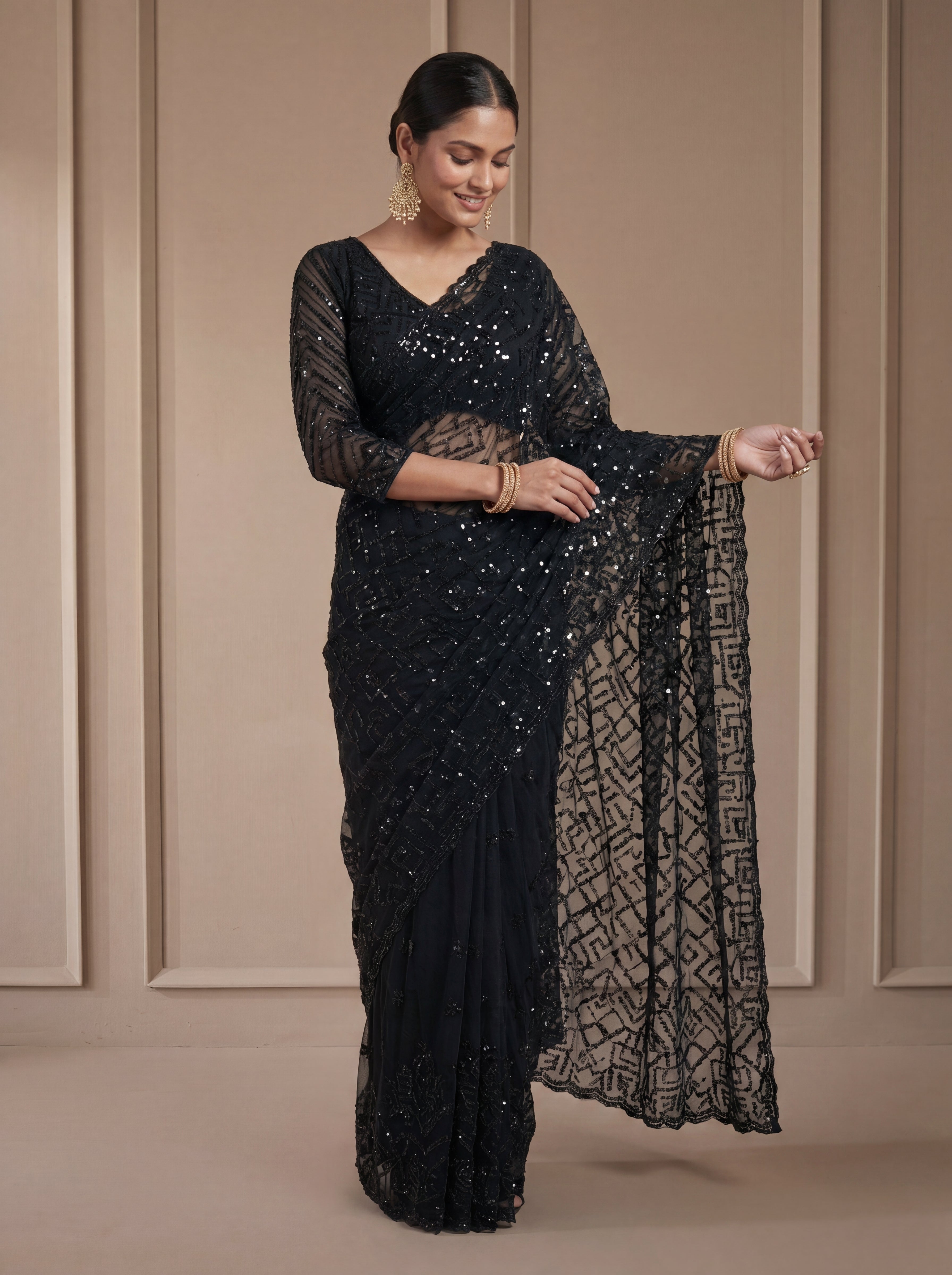 Luxury Blush Black Net Saree with Multi Sequins Embroidery