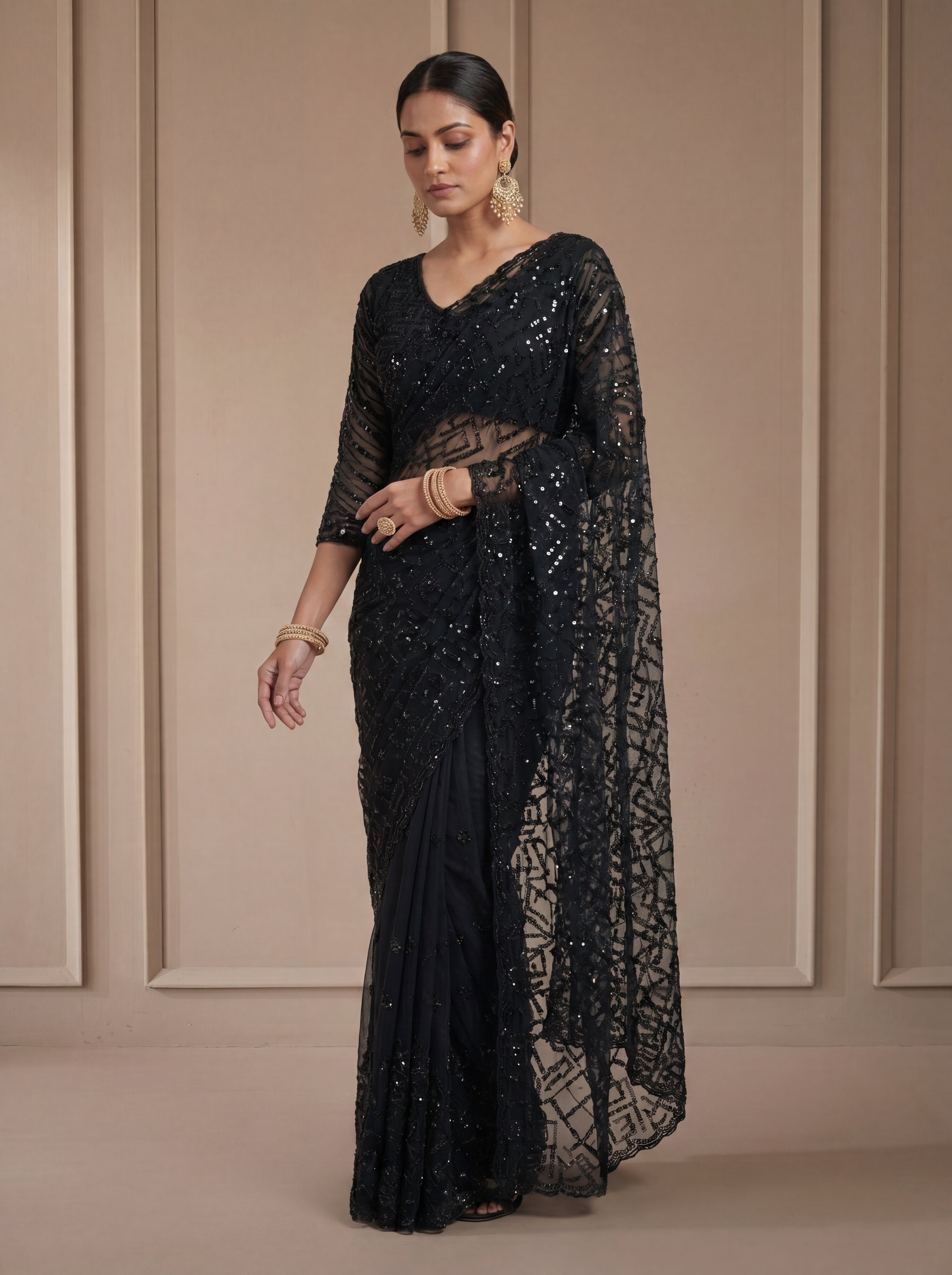 Luxury Blush Black Net Saree with Multi Sequins Embroidery