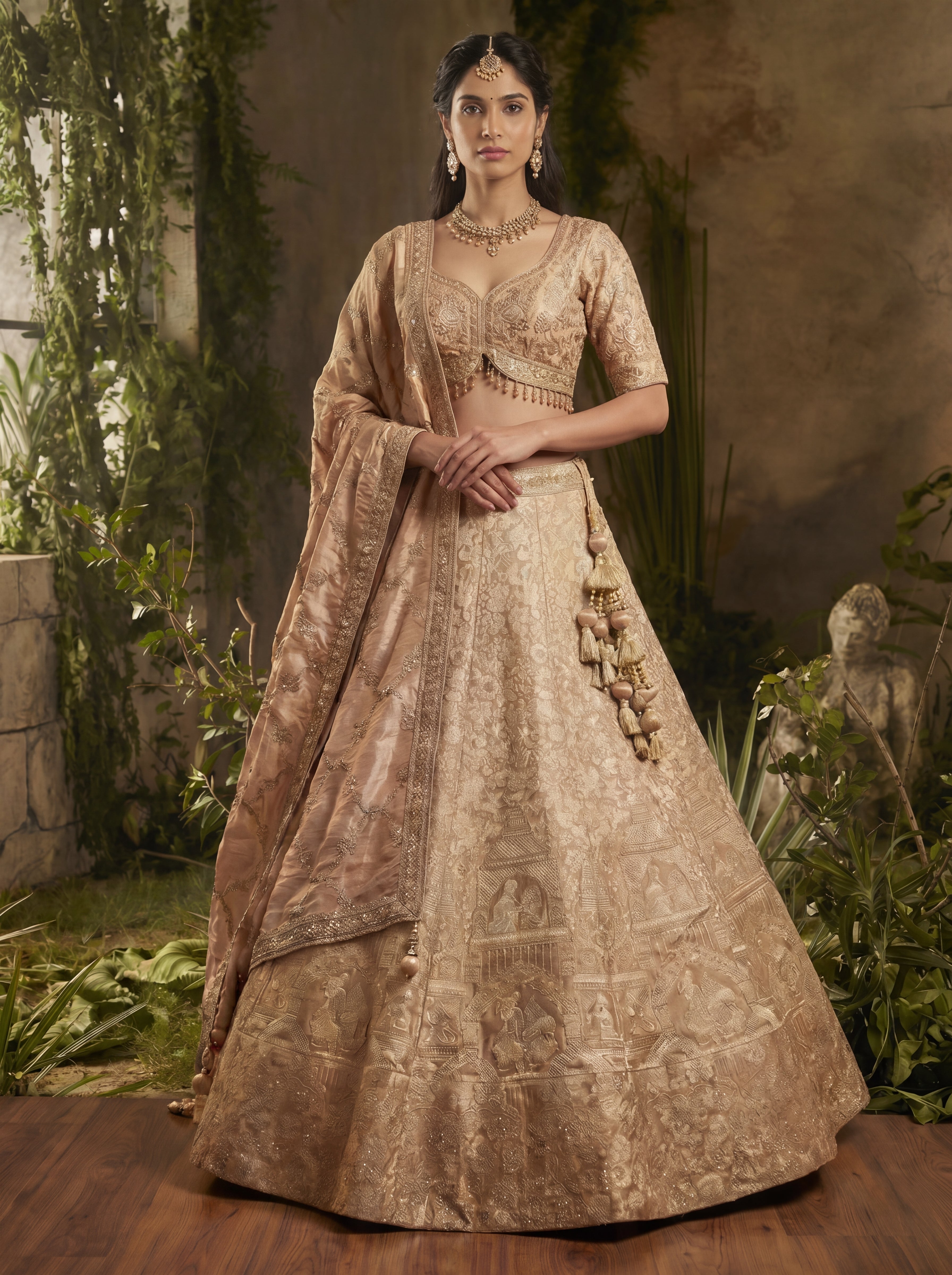 Champagne Gold Viscose Jacquard Weaving Bridal Lehenga Choli