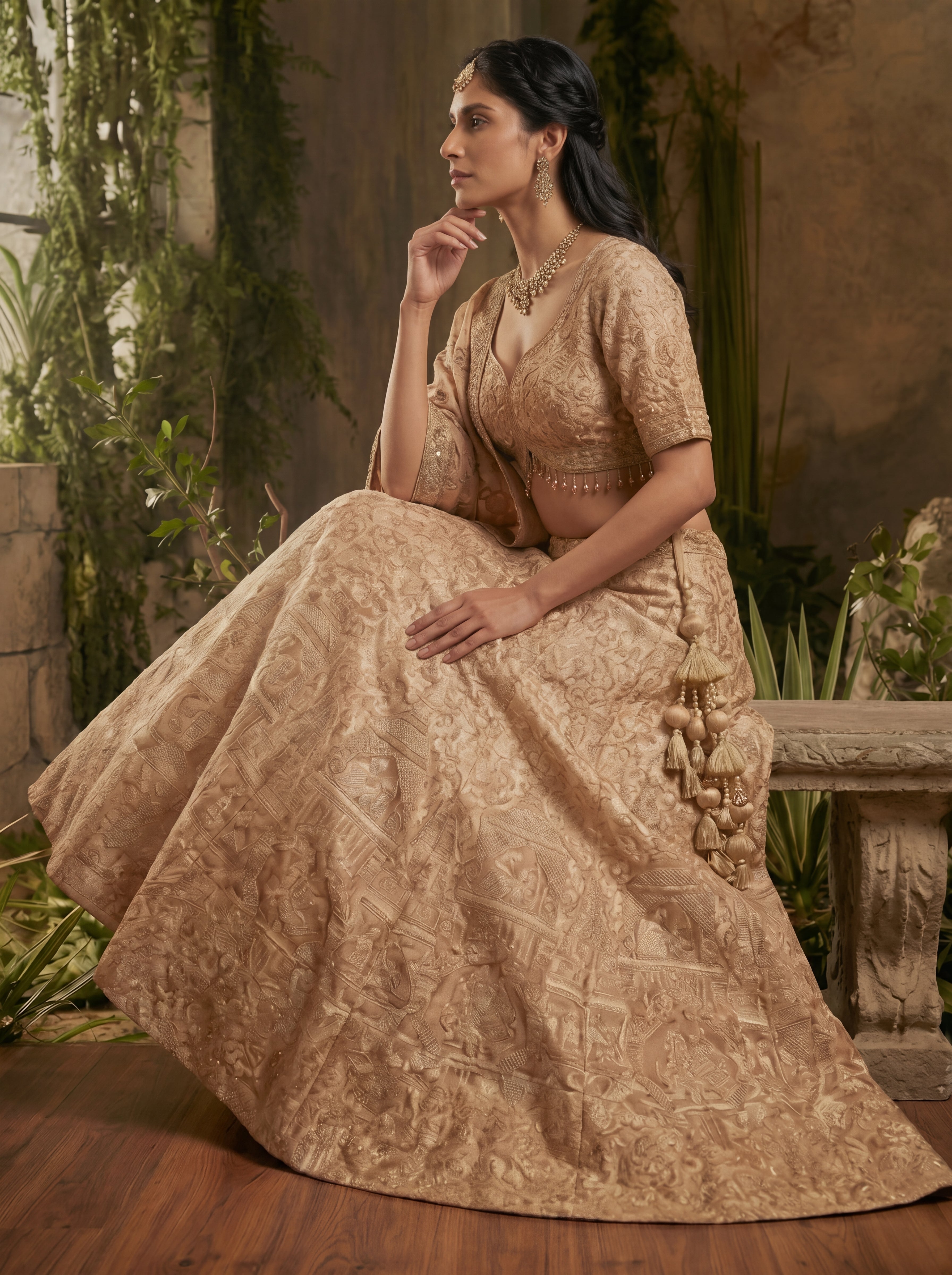 Champagne Gold Viscose Jacquard Weaving Bridal Lehenga Choli