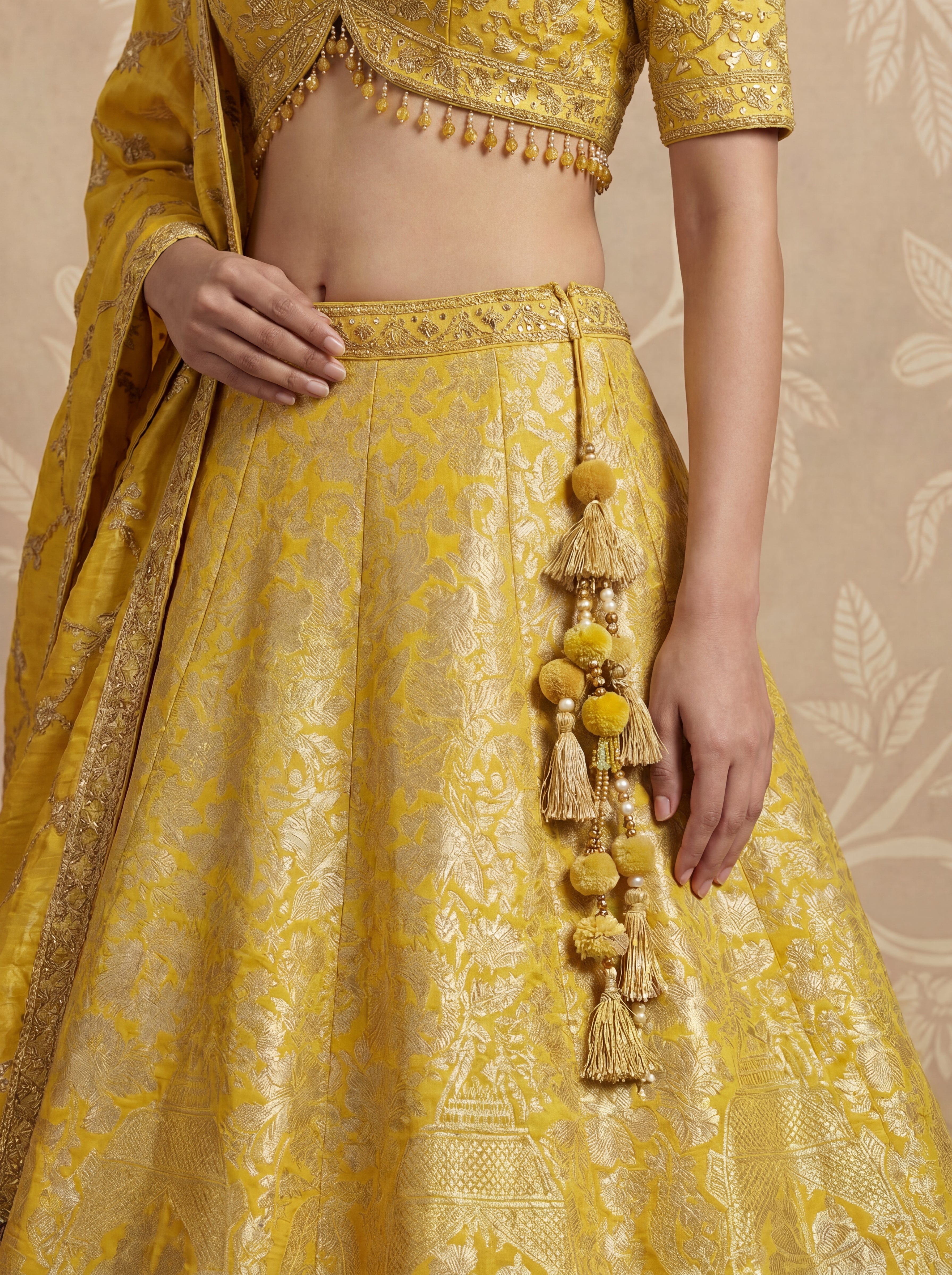 Yellow Viscose Jacquard Weaving Wedding Lehenga Choli Set