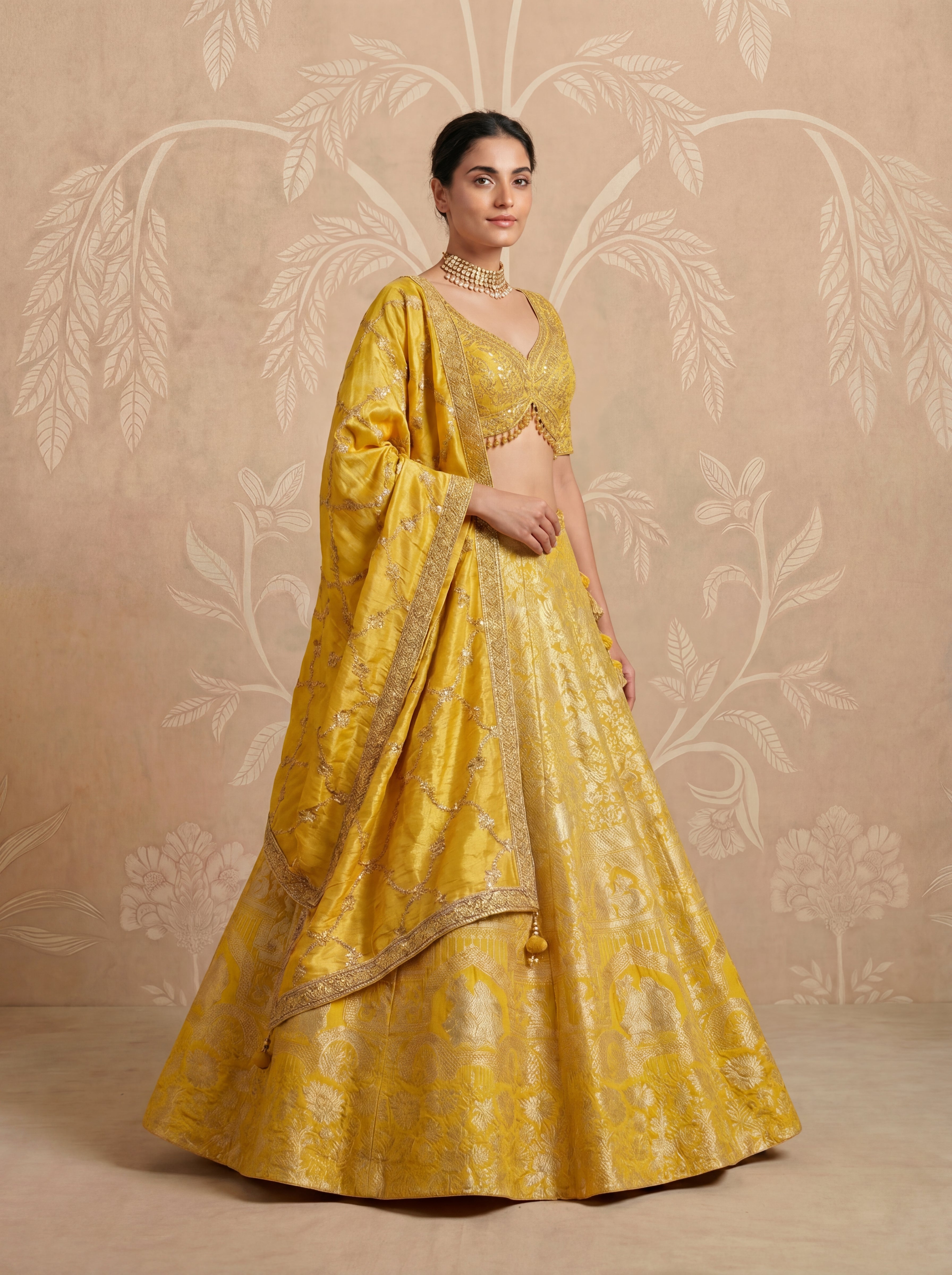 Yellow Viscose Jacquard Weaving Wedding Lehenga Choli Set