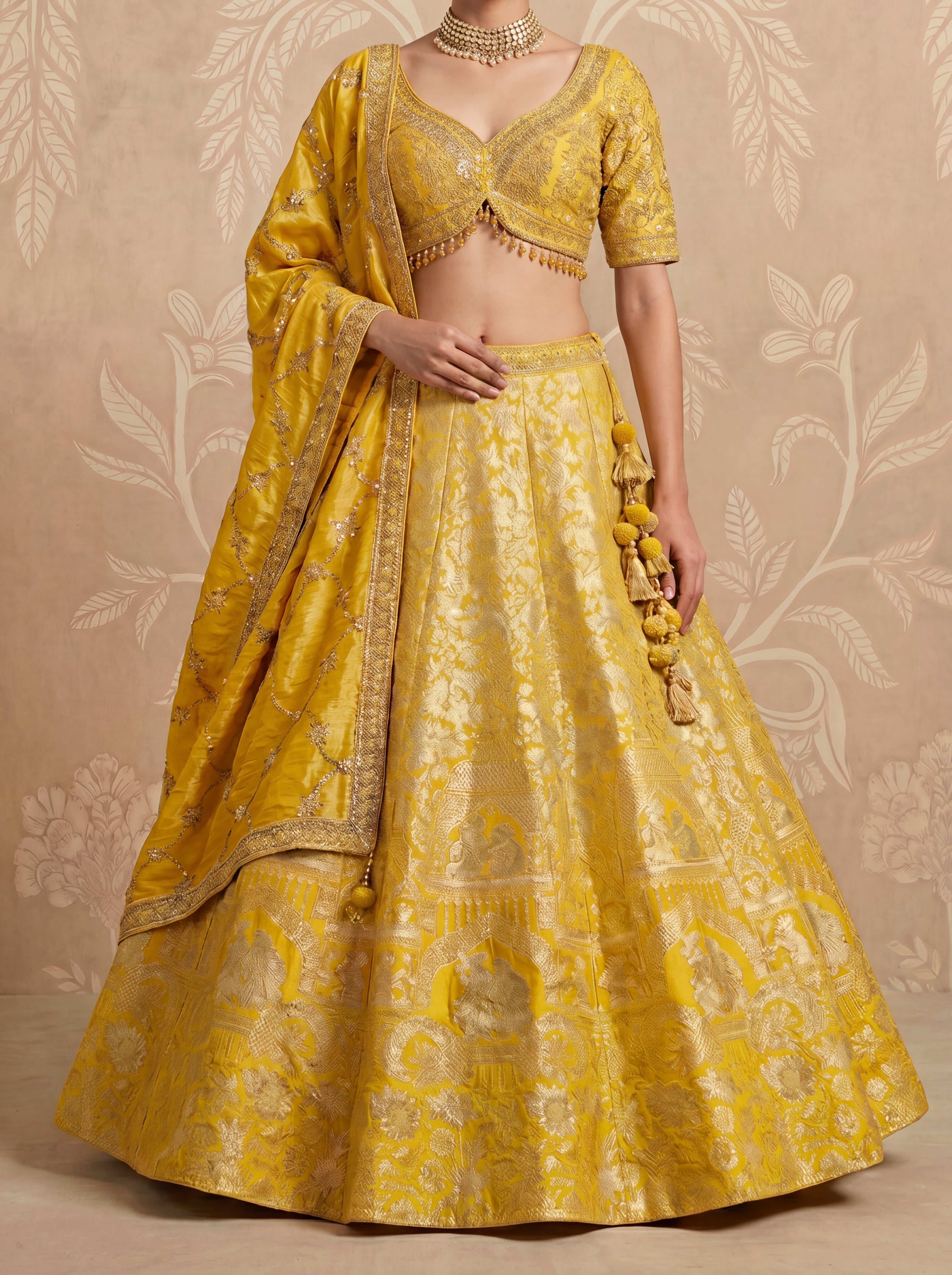 Yellow Viscose Jacquard Weaving Wedding Lehenga Choli Set