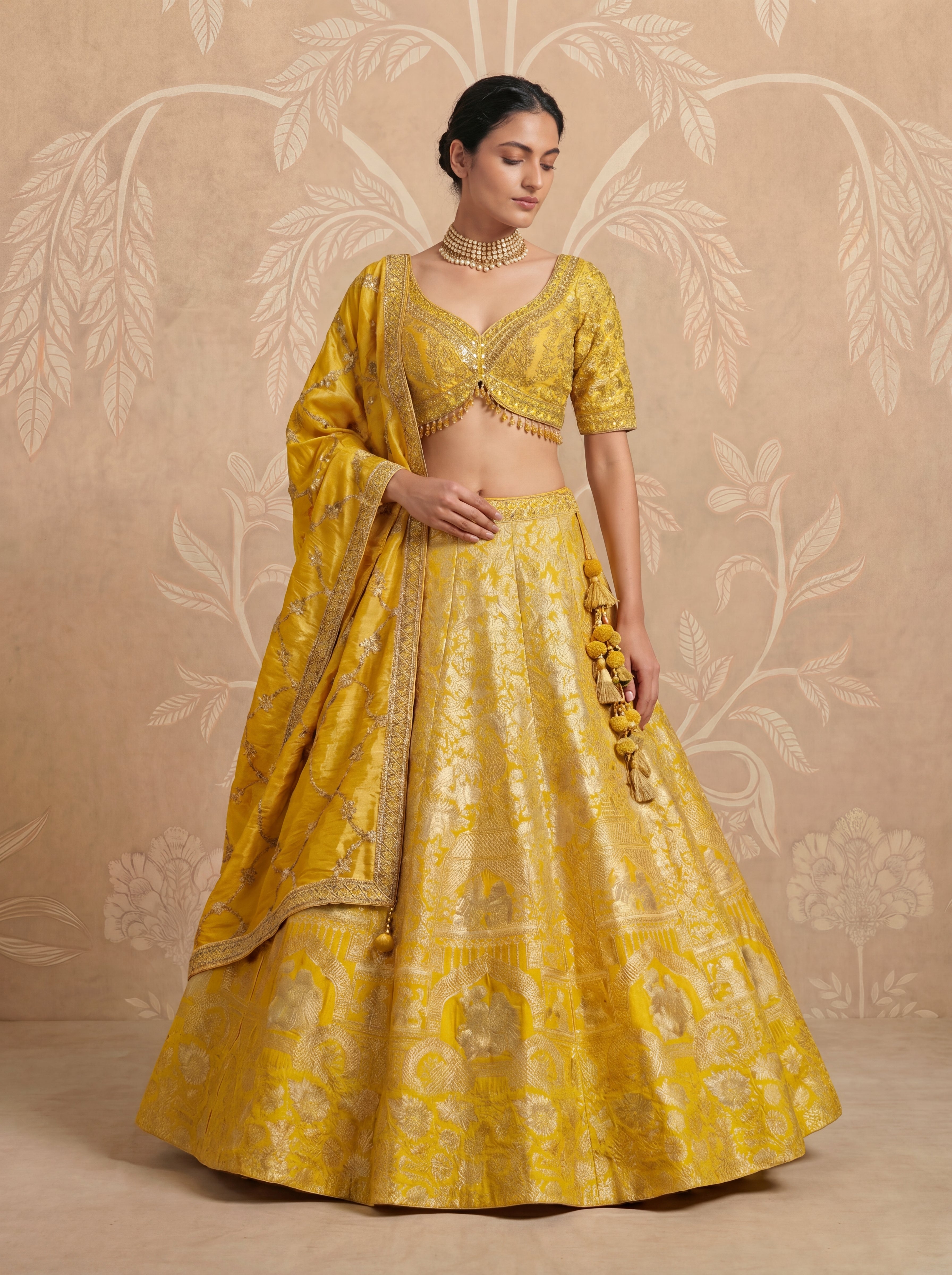 Yellow Viscose Jacquard Weaving Wedding Lehenga Choli Set