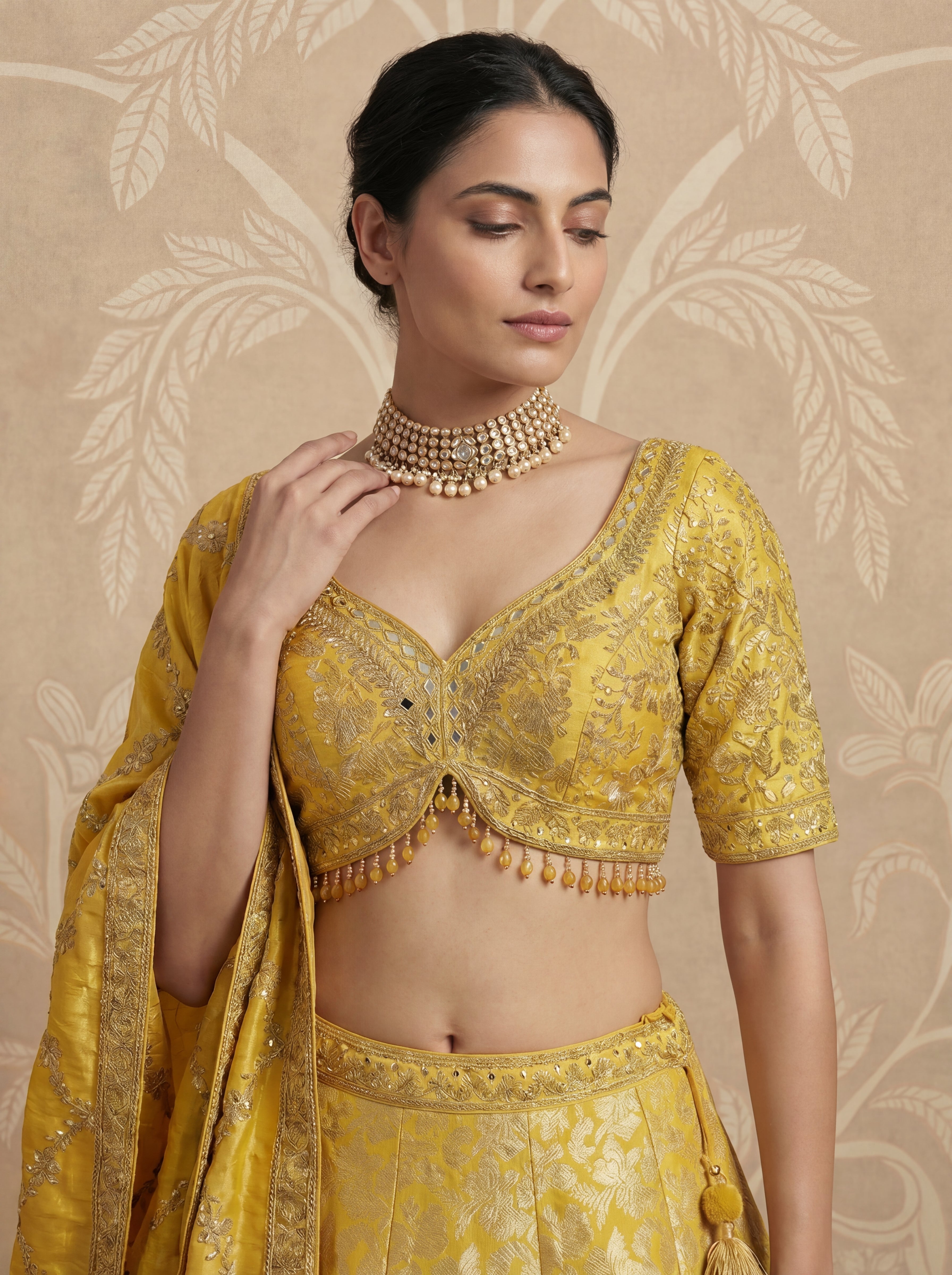 Yellow Viscose Jacquard Weaving Wedding Lehenga Choli Set