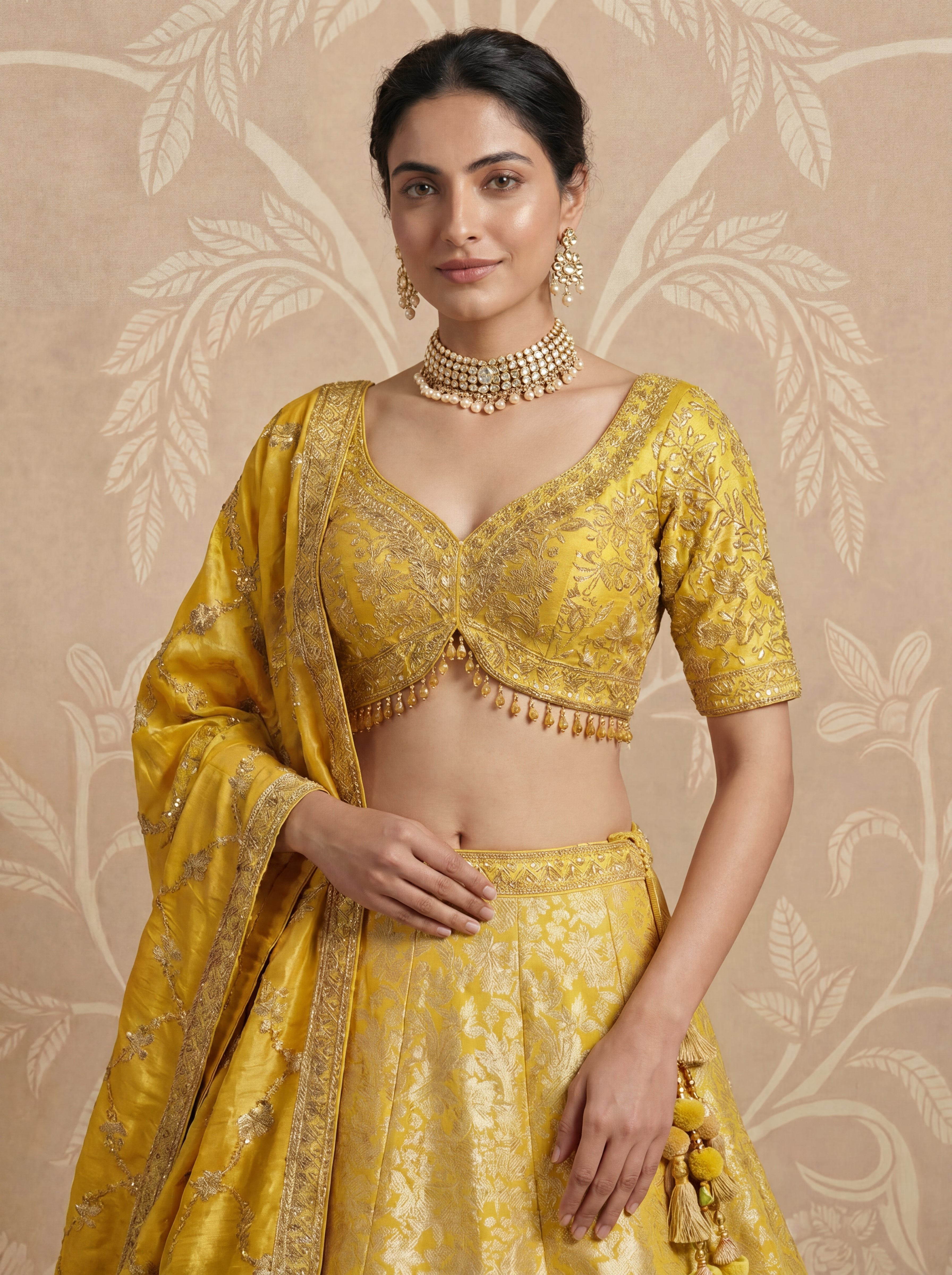 Yellow Viscose Jacquard Weaving Wedding Lehenga Choli Set