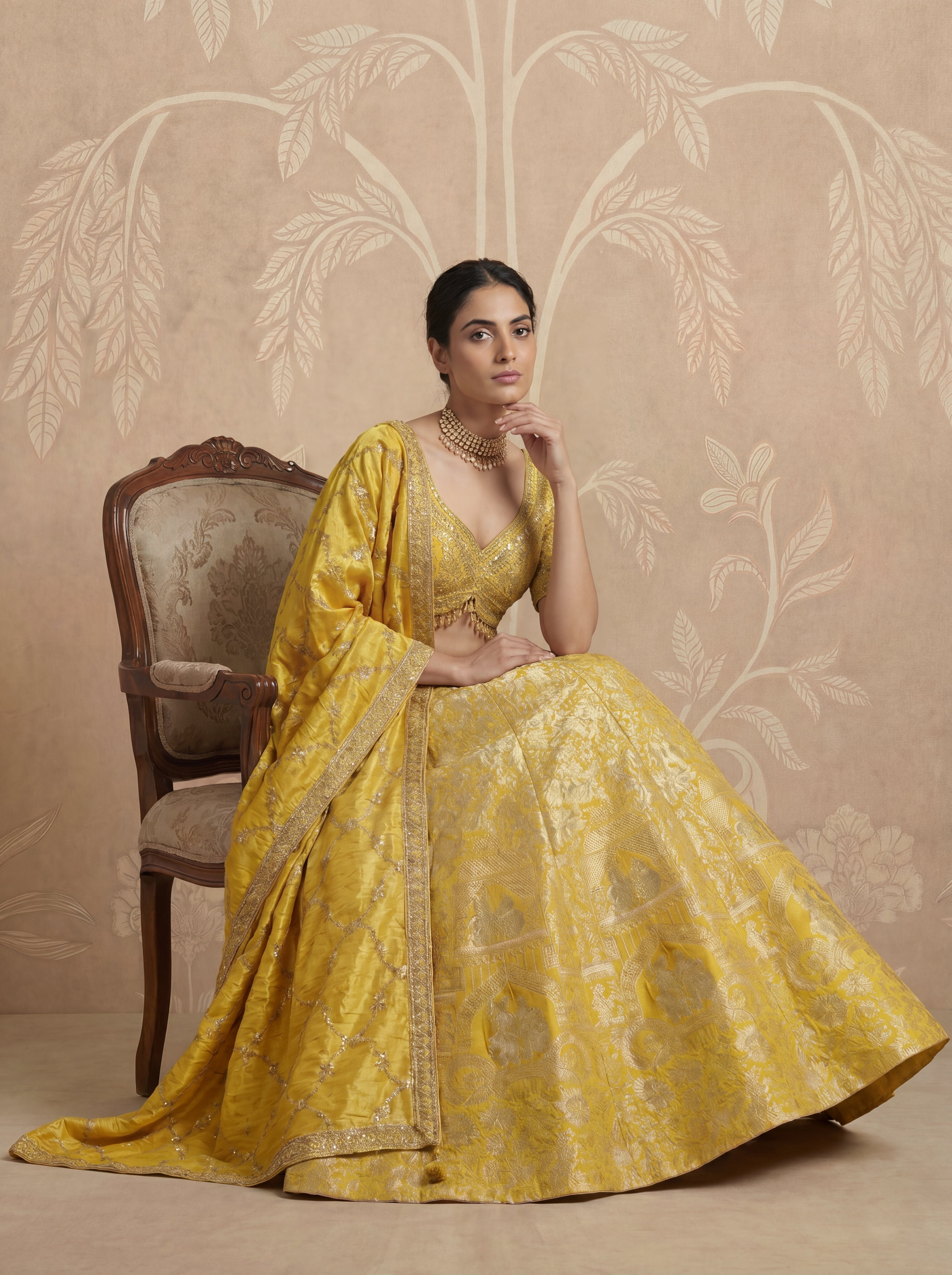 Yellow Viscose Jacquard Weaving Wedding Lehenga Choli Set