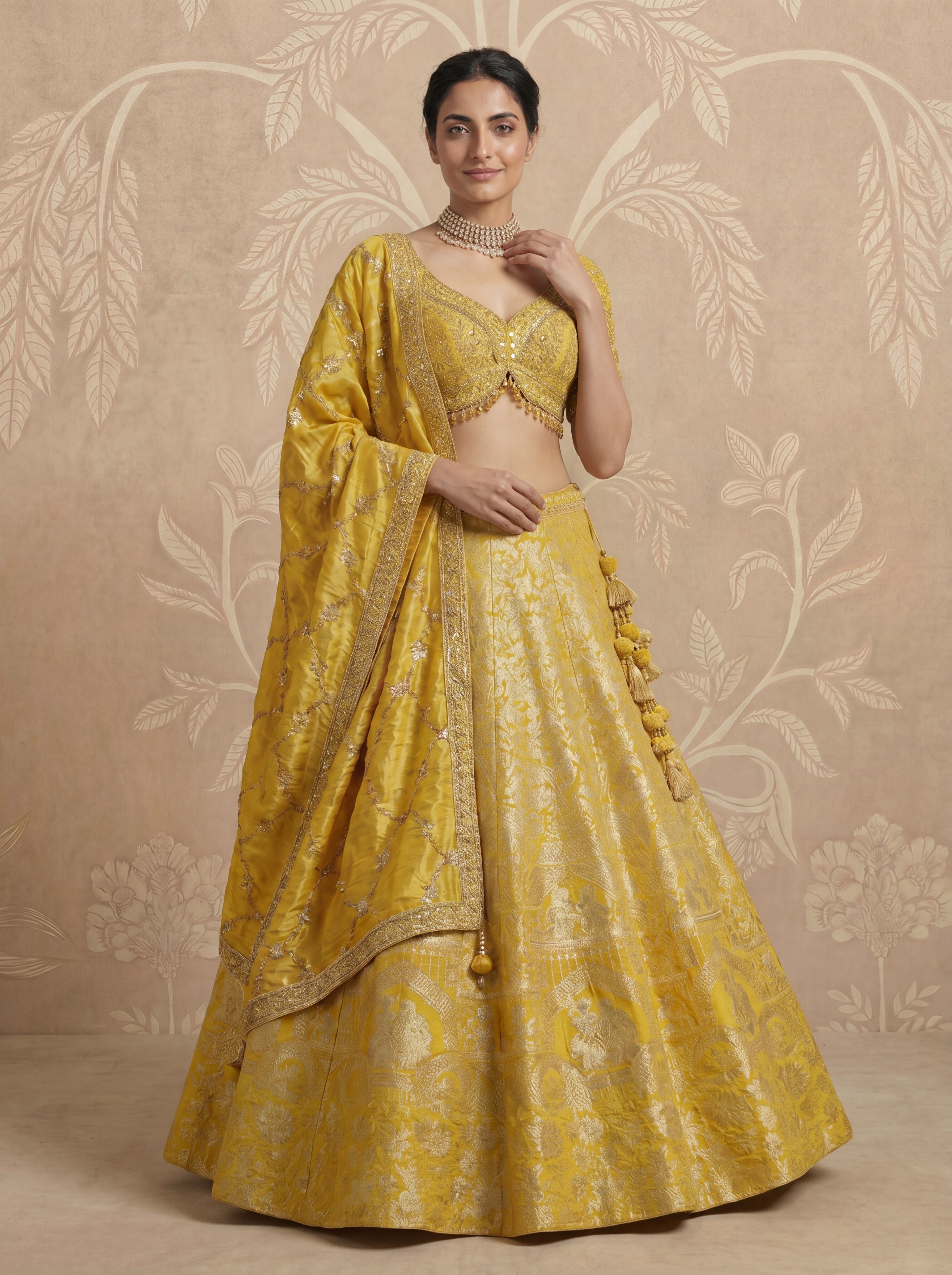 Yellow Viscose Jacquard Weaving Wedding Lehenga Choli Set