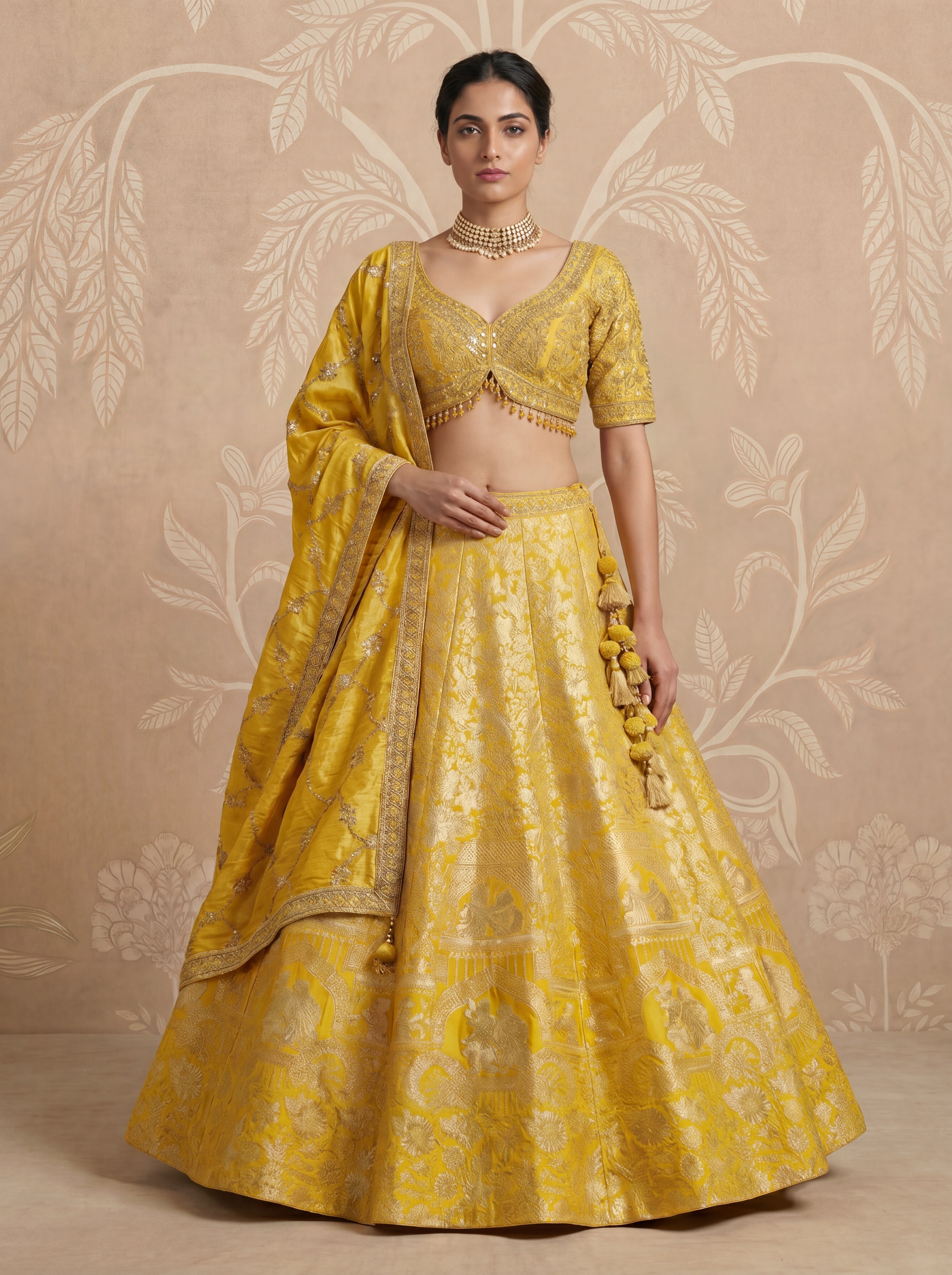 Yellow Viscose Jacquard Weaving Wedding Lehenga Choli Set