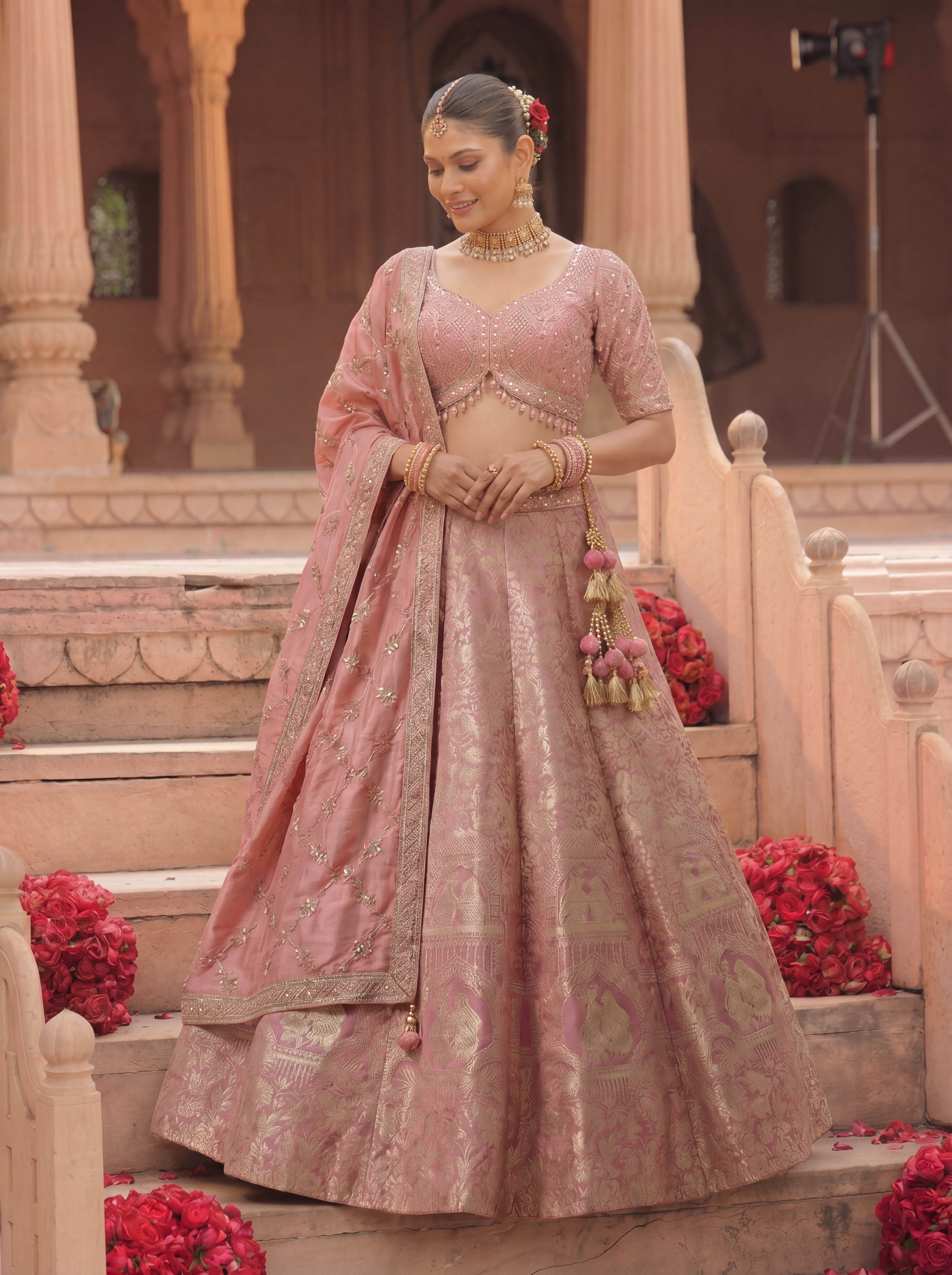 Dusty Rose Viscose Jacquard Weaving Bridal Lehenga Choli Set